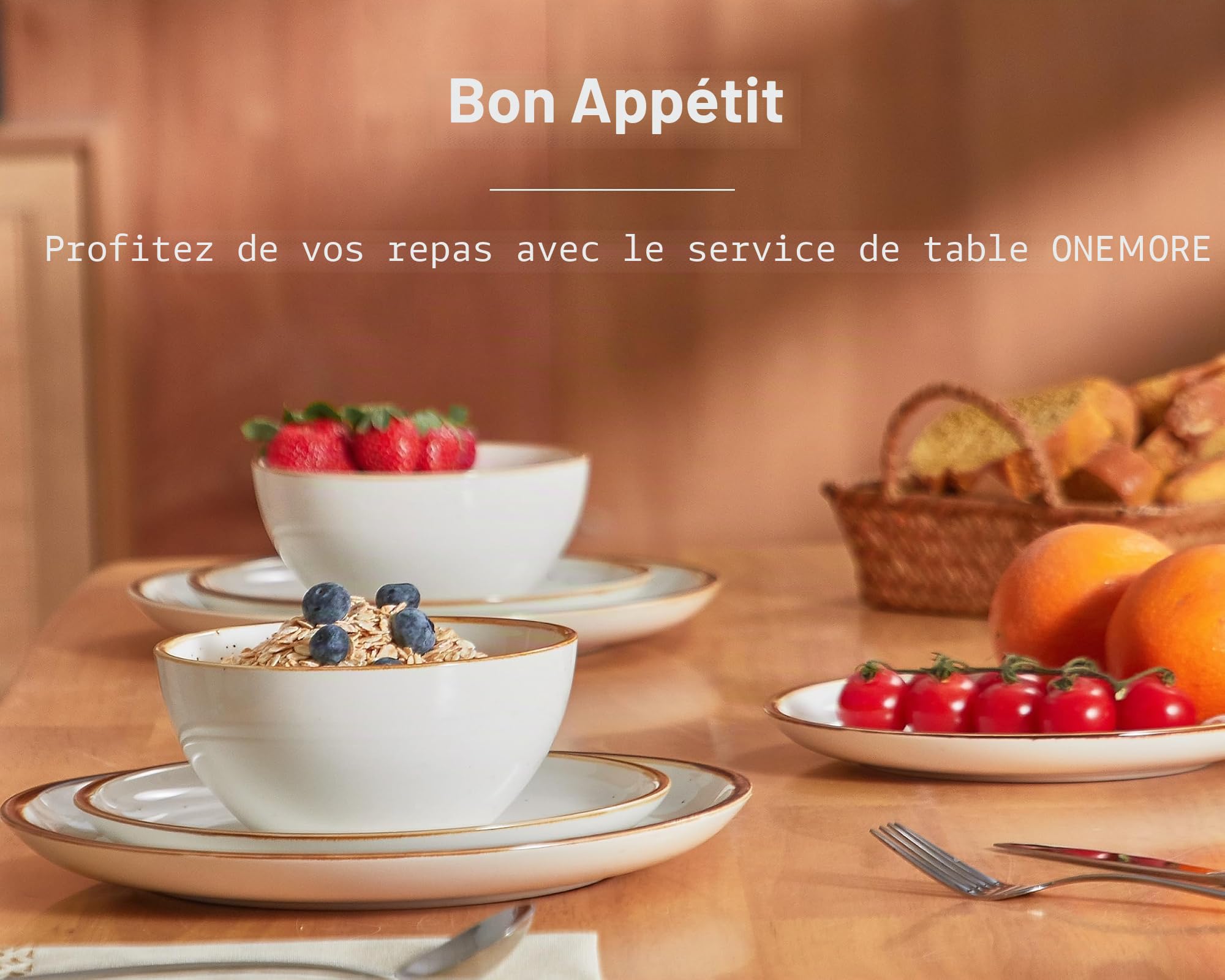 ONEMORE 12 Pcs Service de Table en Porcelaine Complet Moderne pour 4 Personnes, 4 Pcs * [Assiette Plate][Assiette à Dessert][Bol à Céréale], Cremeweiß