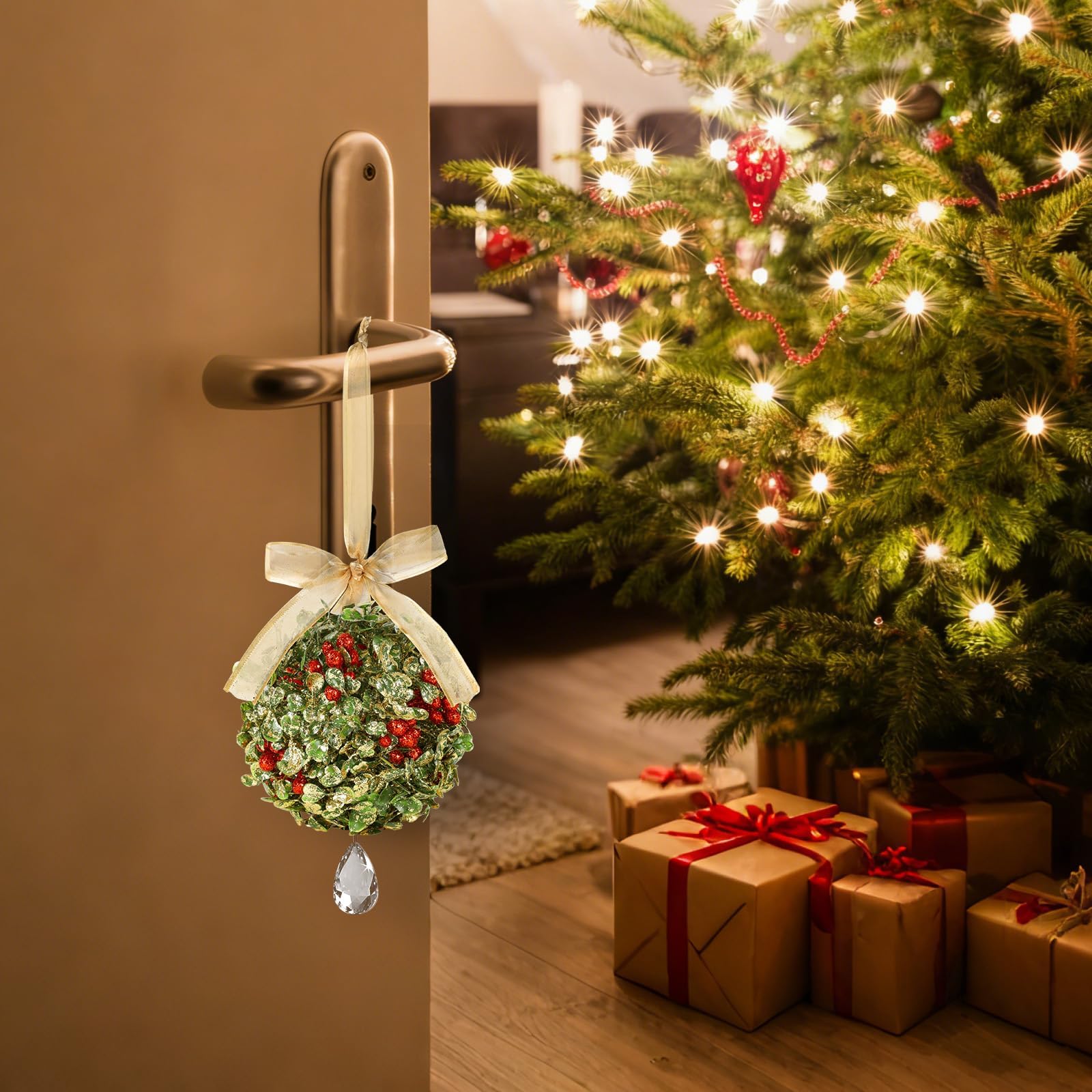 Lot de 2 décorations de gui artificielles à suspendre en cristal avec nœud en baies pour porte, maison, arbre de Noël, amitié, fête, arche de plafond (doré)