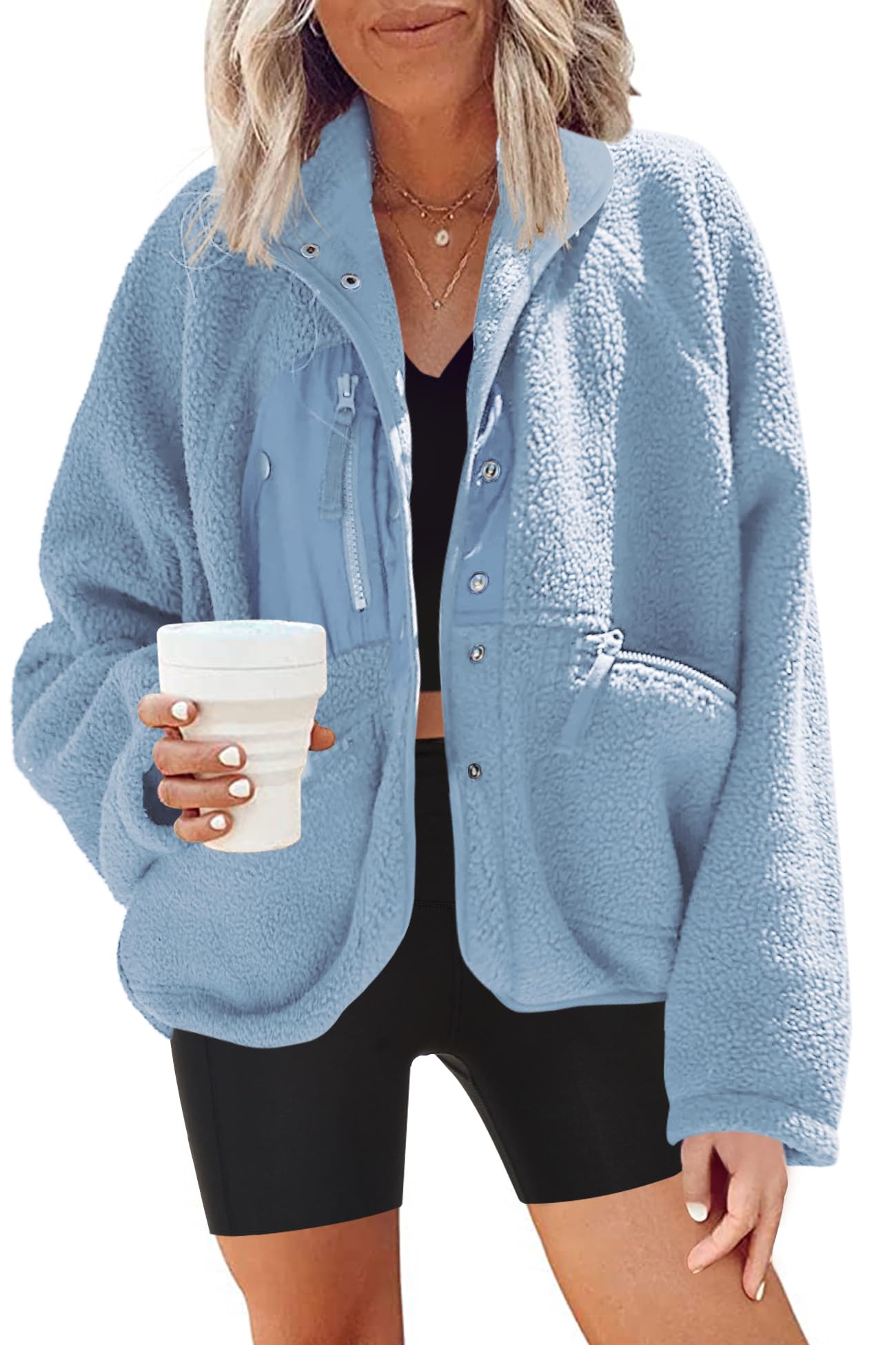 Nirovien Womens Fuzzy Fleece Button Down Sherpa Coat