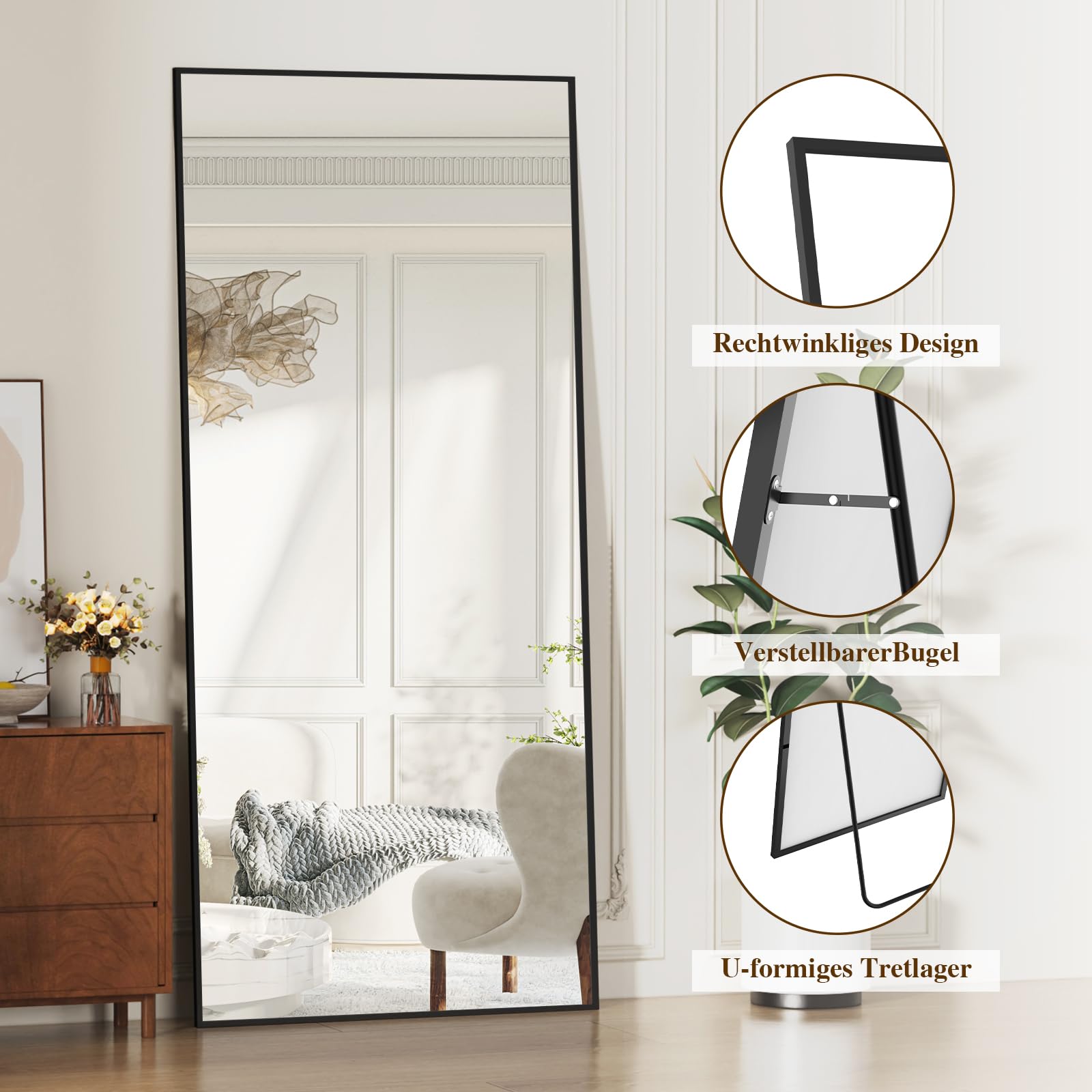 Ganzkörperspiegel, 171 x 76 cm Spiegel groß, Rahmen aus Aluminiumlegierung, Hartglas, Rechteckiger Standspiegel für Schlafzimmer, Wohnzimmer, Ankleidezimmer