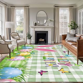 Area Rugs 8x10 for Living Room, Easter Non Slip Washable Rug Runner, Spring Easter Eggs Bunny Butterflies Green Plaid Low Pile Indoor Floor Carpet Mat Bathroom Rugs for Bedroom, Kids Room
