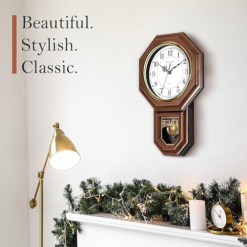 Miniatura 3 de HEOMU Relojes de pared de péndulo que funcionan con pilas, reloj regulador de plástico de aspecto de madera con péndulo, relojes de pared