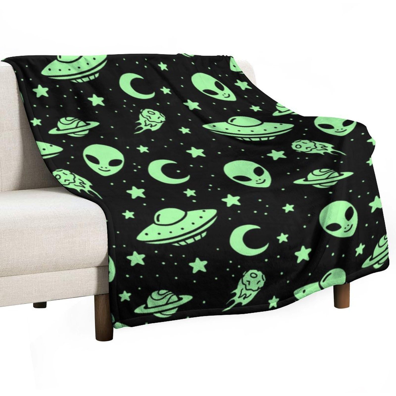 Hxwokrum Flannel Blanket, Green Alien Moon UFO Throw Blanket for Couch Sofa Bed Office, Soft And Comfortable Without Pilling