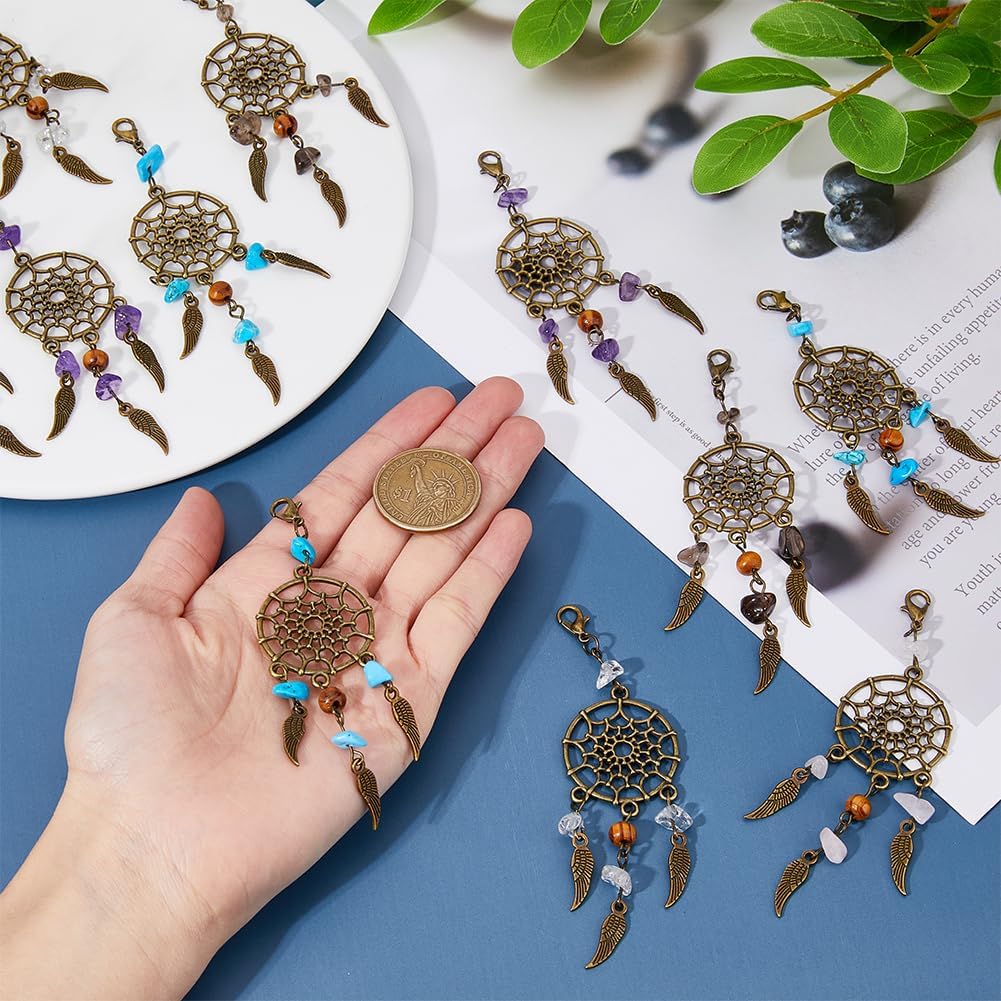 SUPERFINDINGS 5 Colors 30PCS Dream Catcher Charms Woven Web Pendants with Lobster Claw Clasps Woven Net Charms with Feather Alloy Pendants with with Gemstone Beads for Jewelry Keyrings Making