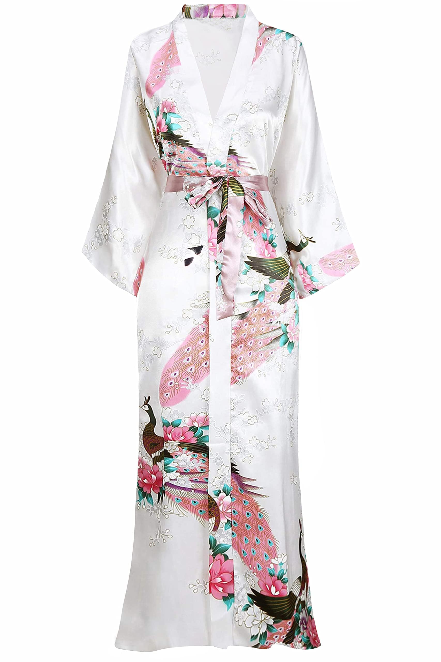 BABEYOND Vestido Kimono Pijama de Seda Novia Kimono de Seda Ropa de dormir de Satén Estampado Pavo Real