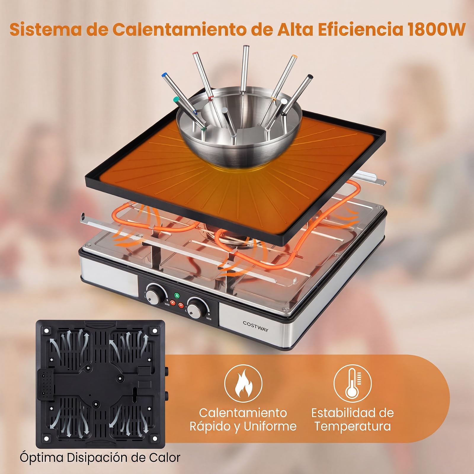 COSTWAY 3 en 1 Raclette, 1800 W, Fondue/Raclette para 8 Personas | Parrilla Eléctrica de Mesa con Capa antiadherente, Control de Temperatura Independiente,6 Tenedores, 8 Bandejas, 8 Espátulas