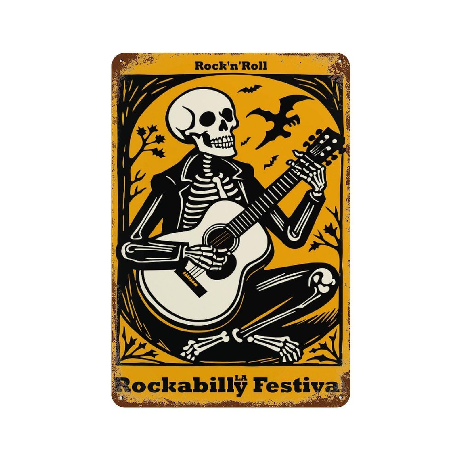 Rockabilly Festival Skeleton Guitarist Poster Vintage Metal Tin Sign 11.8"x7.9", Farmhouse Wall Decor for Garage, Bar And Workshop Decor