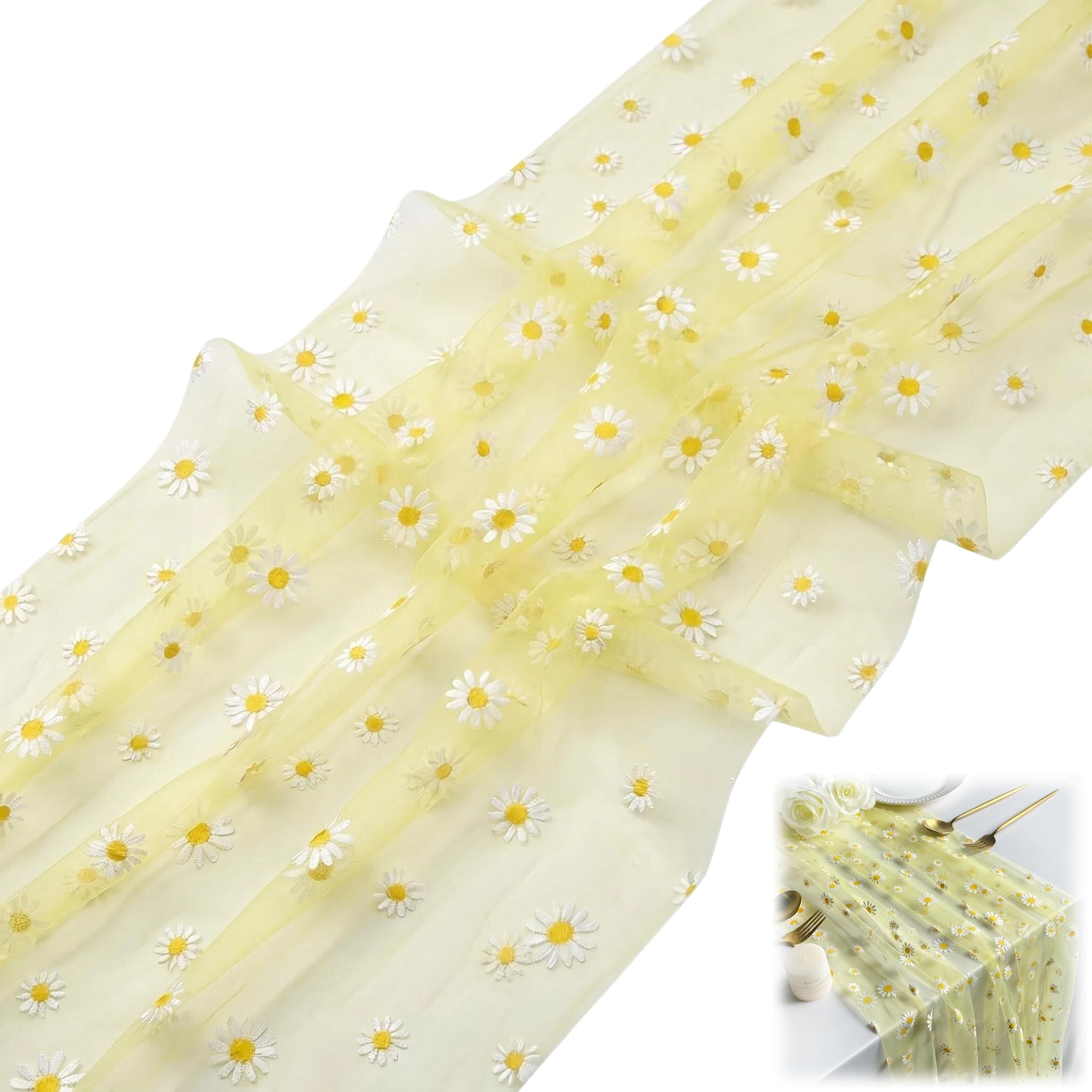 PLUSHCEWT Daisy Print Gauze Table Runner 75x300cm, Sheer Chiffon Dining Table Decor for Spring Summer, Washable Polyester Table Runners for Weddings, Parties, Kitchen, Home (yellow)