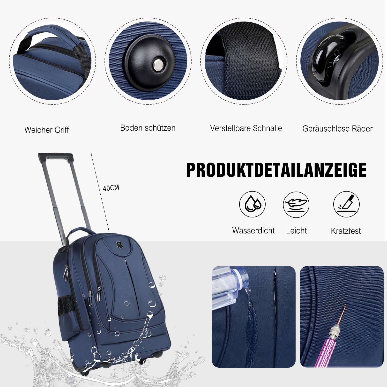FANDARE 35L Laptop-Trolleys Herren Rollerrucksack 2 IN 1 Business Wandlungsrucksack Reiserucksack mit Rollen Trolley-Rucksack Rollen Handgepäck Notebook bis 15.6 Zoll Arbeit Aaktenkoffer Schwarz