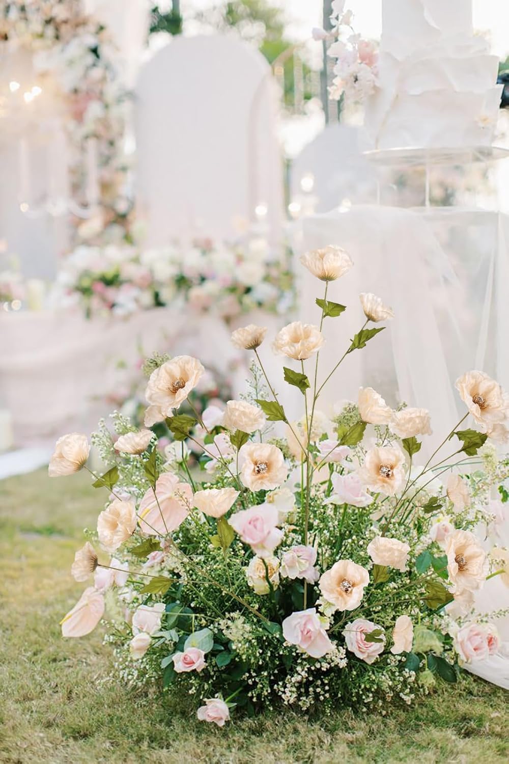 30 Heads Poppy Artificial Flowers 6 PCS Silk Flowers 32 in Poppy Flowers Champagne Flowers for Wedding Home Party Table Centerpiece Arrangement Decoration (Champagne)