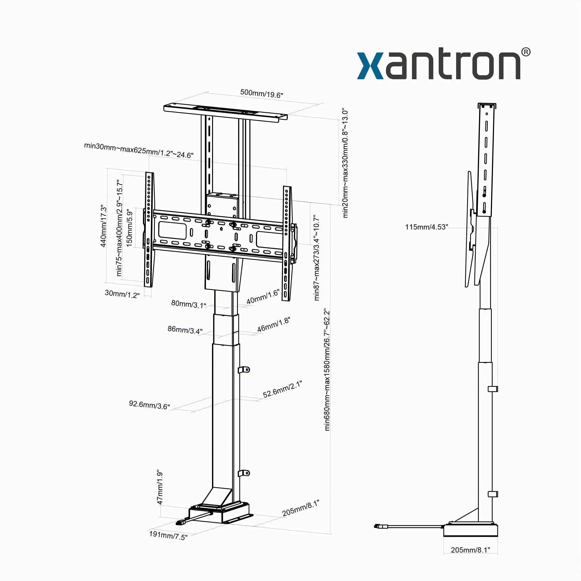 Xantron PREMIUM-600HE TV Lift elettrico con telecomando fino a 65 pollici/TV Lift per l'installazione di mobili/VESA 200 x 200 – 600 x 400 / compatibile con Amazon Alexa & Google Home