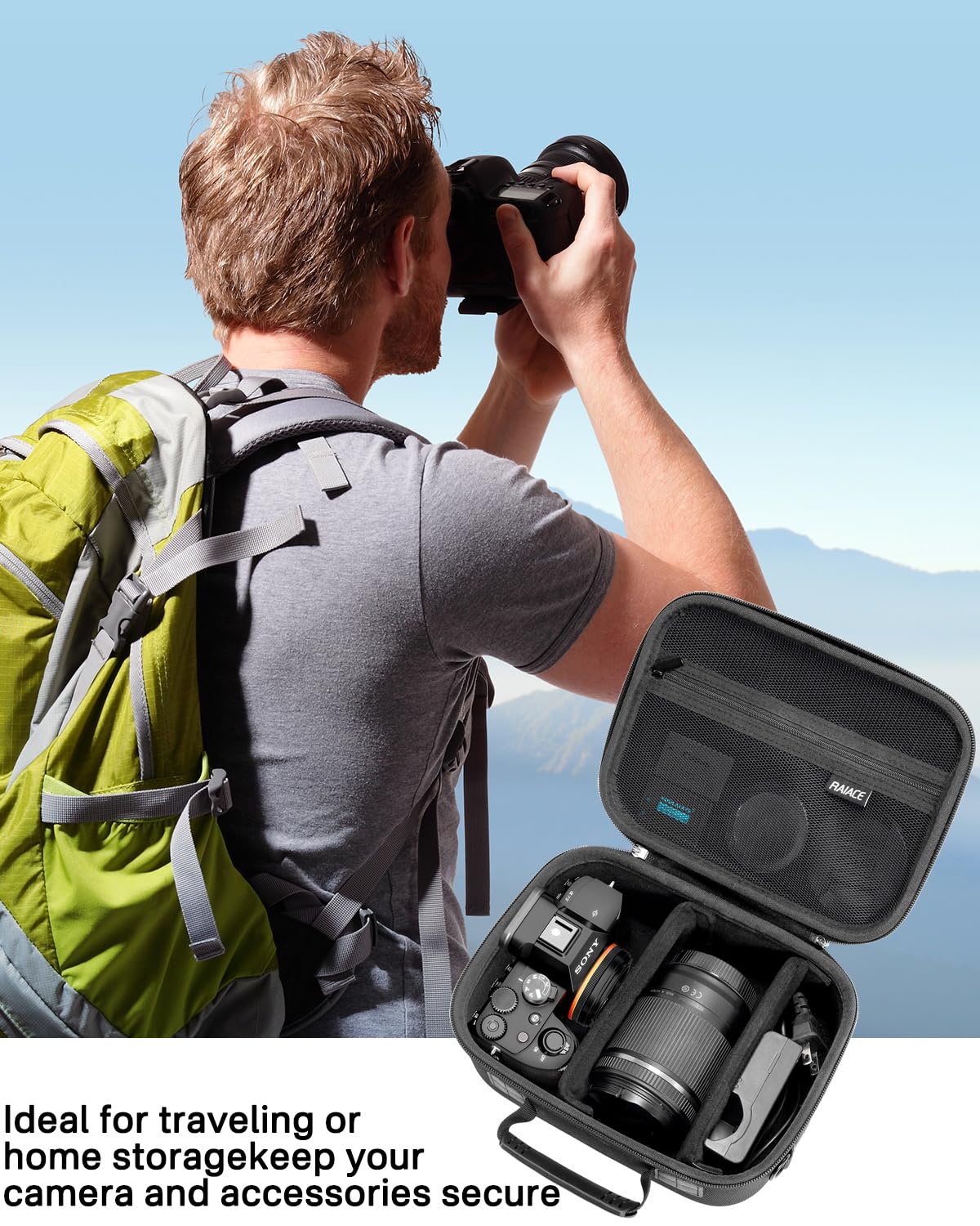 RAIACE Hartschalenetui kompatibel mit der Sony Alpha 7 II III IV/7R V Kamera, für Nikon, Canon, Pentax und mehr. Netzfach für Ladegerät, Kabel, Karten und Zubehör. (Nur Etui) – Schwarz