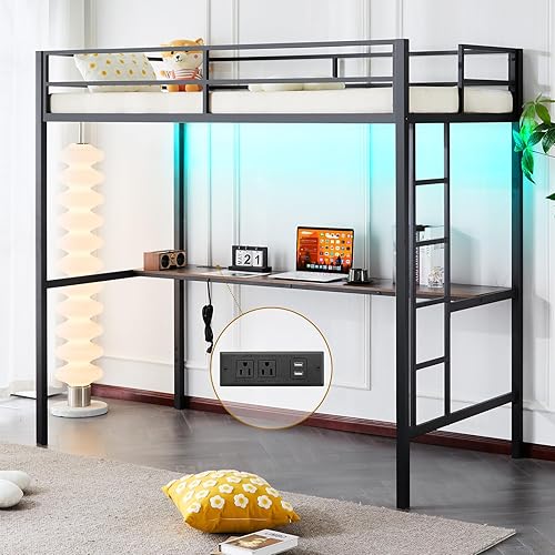 Karl home Twin Metal Loft Bed with Desk, with Power Outlet and LED Lighted, Safety Guardrail & Ladder, Space Saving, No Noise, No Box Spring Needed, Black&Brown