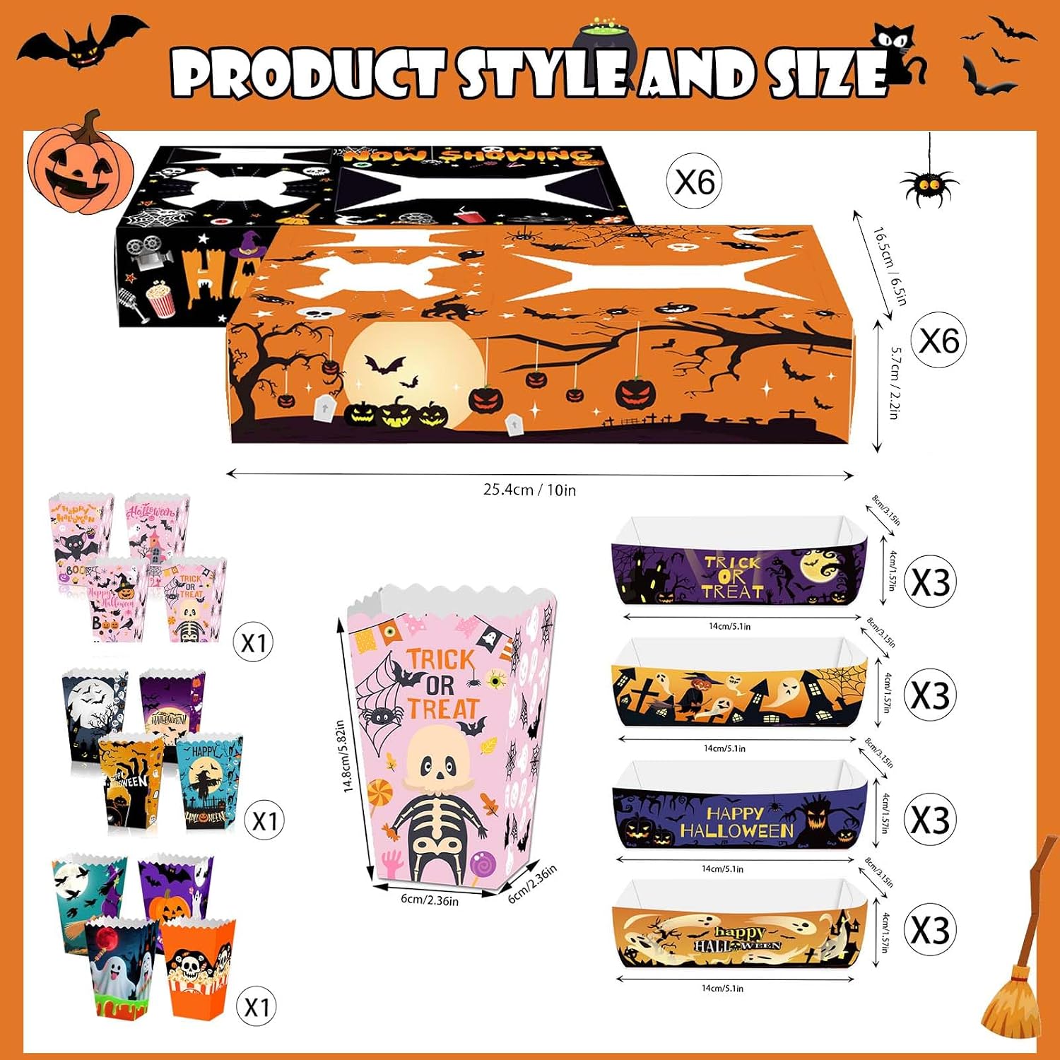 G GENLEAS 36 Pcs Halloween Party Supply Set, 12 Snack Trays with Cup Holders, 12 Popcorn & 12 Snack Boxes for Movie Night, Carnival, Trick or Treat, Halloween Party Decorations
