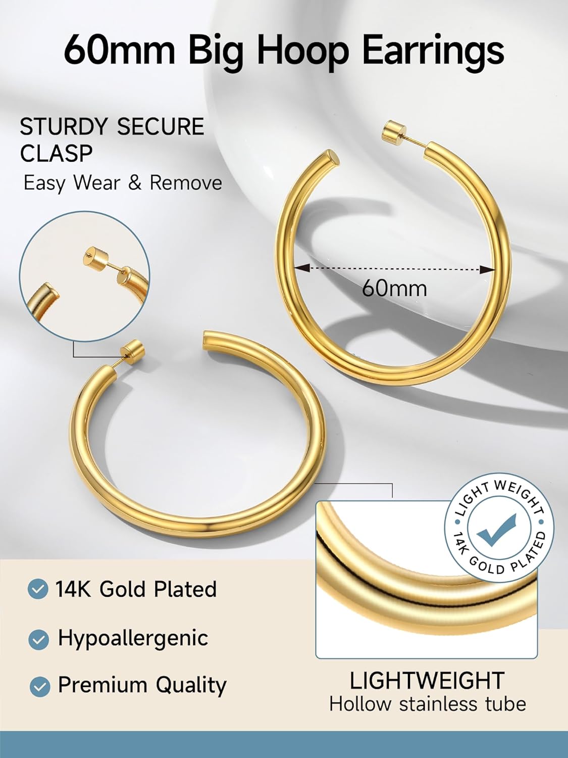 Stainless Steel Chunky Hoop Earrings For Women, Minimalist and Chic, Black/Gold Plated, Round Hoops Earrings Hypoallergenic, Size: 30mm/40mm/60mm/80mm, Come with Box - Image 6