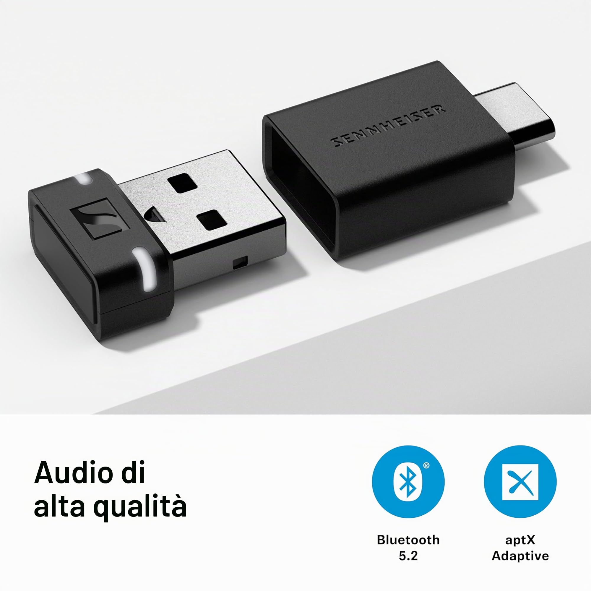 Sennheiser Consumer Audio BTD 600 Bluetooth® Dongle - Adattatore USB-A/USB-C con codec audio AptX per un suono stabile, ascolta musica, effettuare chiamate e guardare video