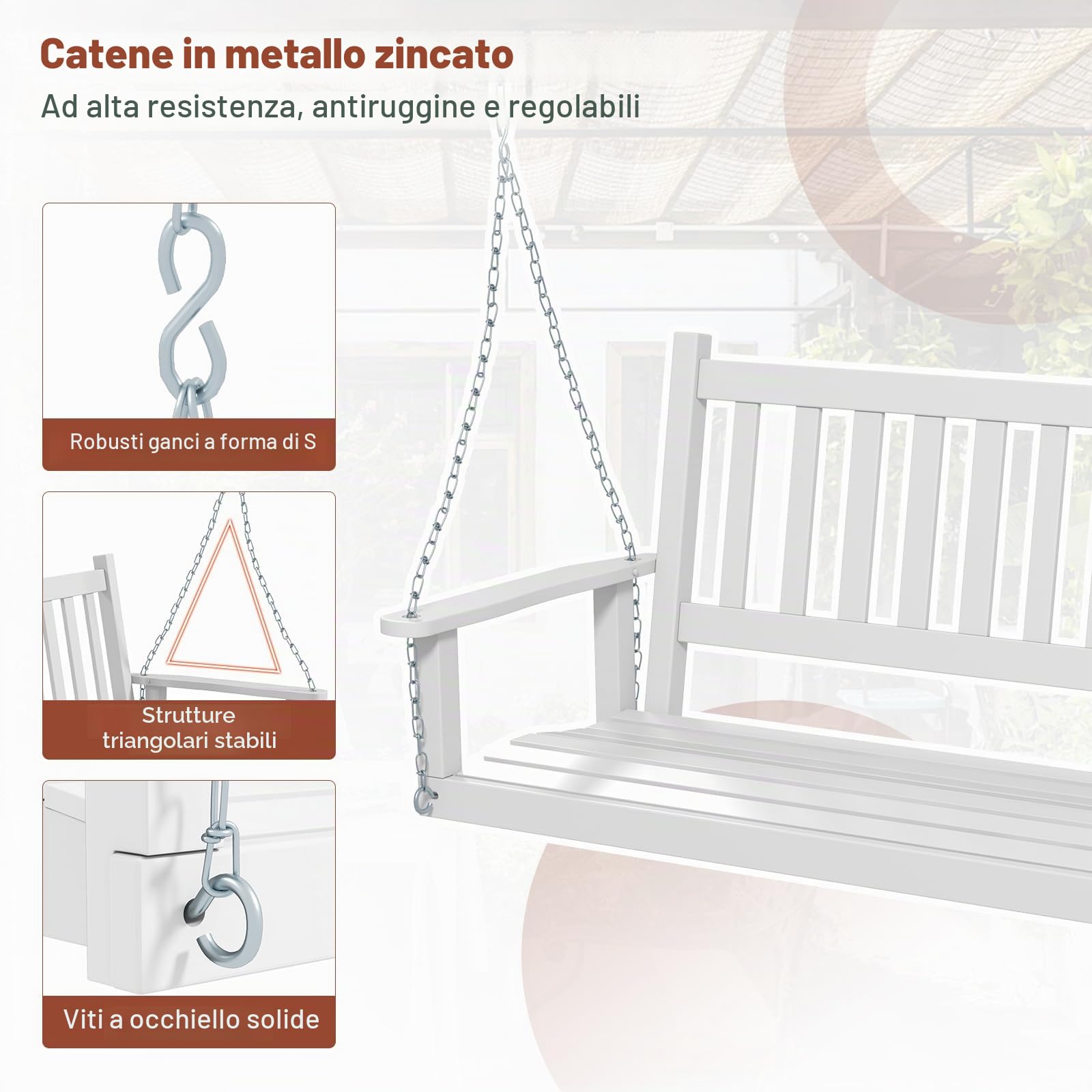 GIANTEX Altalena sospesa in legno per 2/3 persone con catene in metallo zincato regolabili e resistenti, con schienale a doghe e seduta per patio giardino (136 x 67 x 63 cm, bianco)