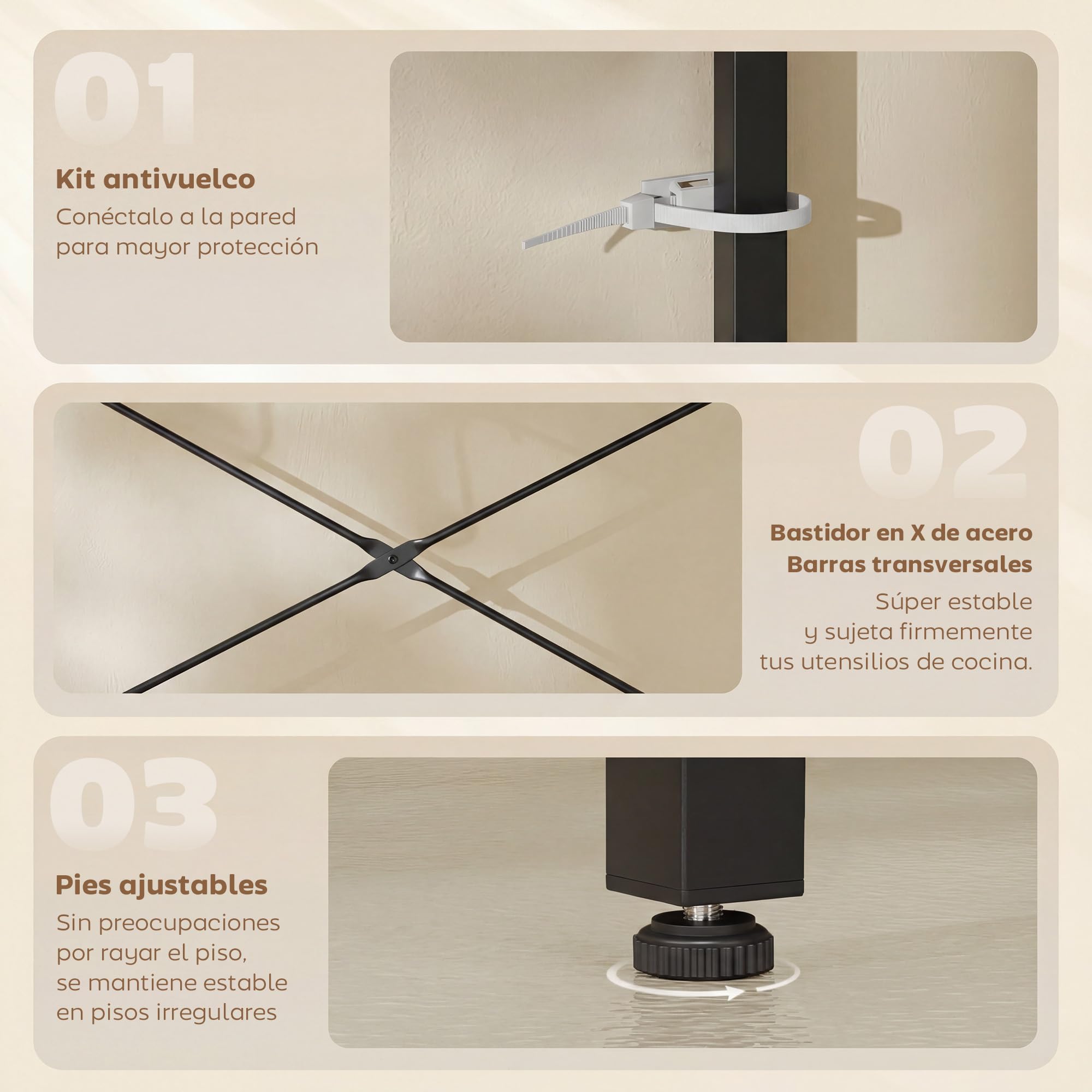 HOMCOM Estantería de Cocina con 2 Tomacorrientes, Estantería de Panadería Industrial con Estación de Café, Estante para Microondas, Estante Ajustable, Ganchos, 60x42x137 cm, Marrón Rústico y Negro