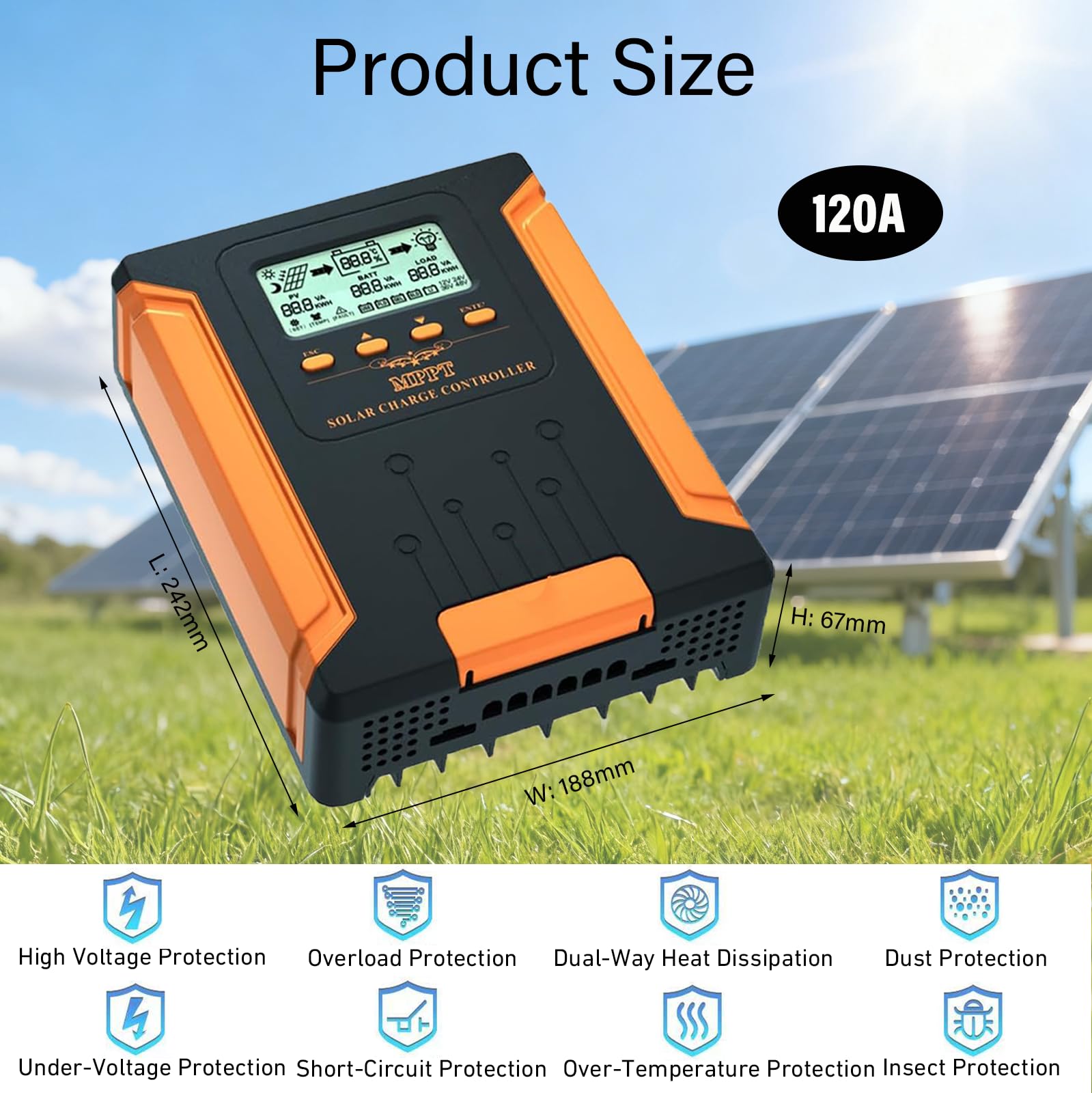 MPPT Laderegler Solar 12V 24V 36V 48V Auto, 50A Solarladeregler mit LCD Display, Smart Solarregler, Solar Charge Controller für Sealed Gel Flooded Lithium Batterien Lifepo4 usw