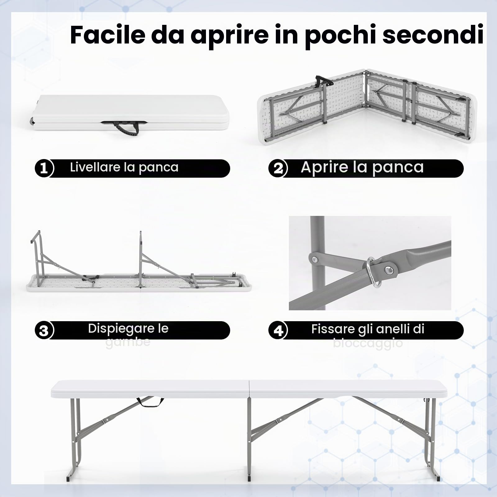 KOMFOTTEU Panca da Giardino Pieghevole in Plastica, Panchina da Esterno Portatile con Maniglia di Trasporto, Panca da Campeggio con Telaio in Metallo, per Patio, Picnic, Portata 300 kg (Bianco II)