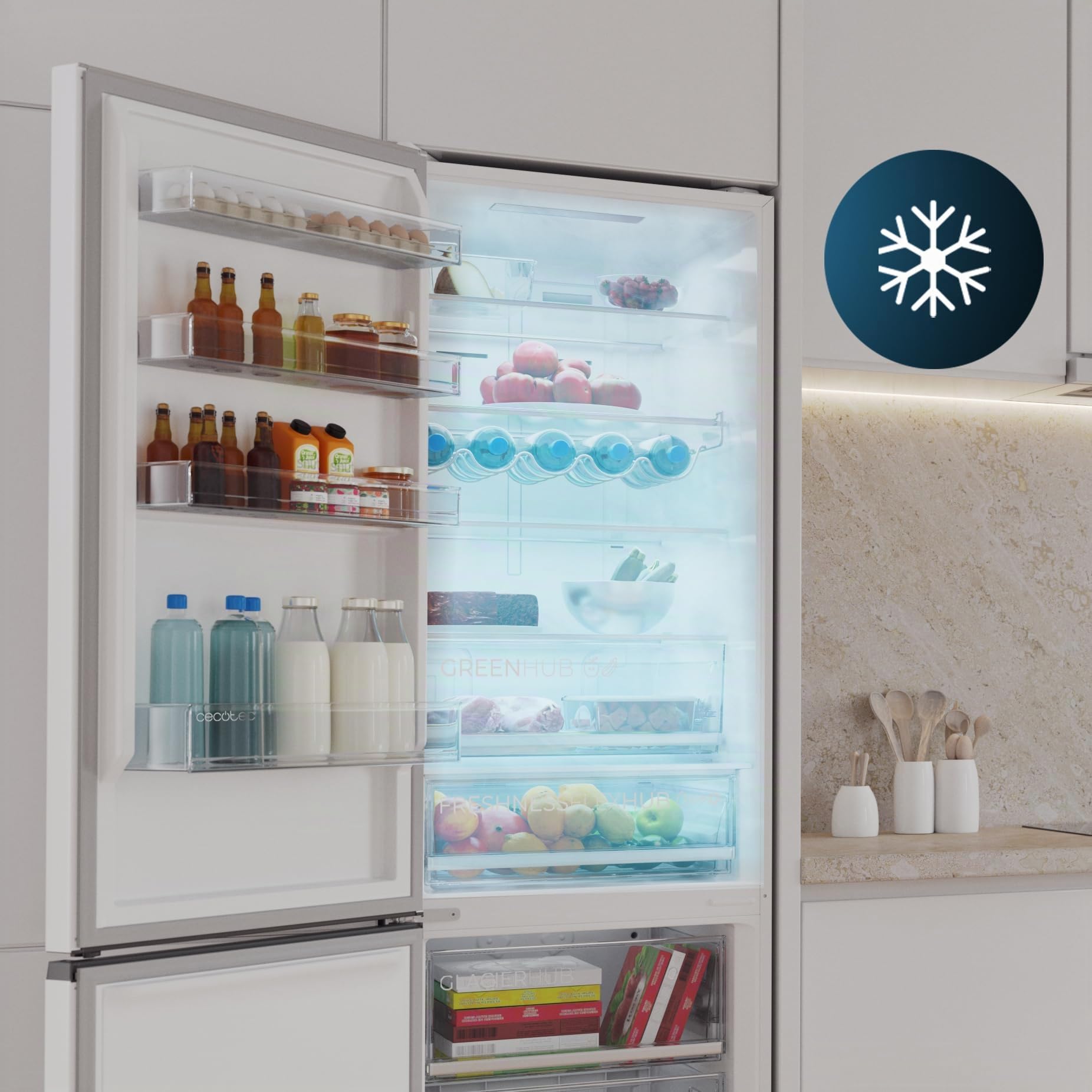 Cecotec Frigorifero Combinato 456L No Frost Bolero CoolMarket Combi 456 White Glass E. Altezza 201cmx59,5cm Larghezza, MAX INSIDE con VIP Tech, Compressore Inverter Plus, Basso Consumo, Ripiani Vetro