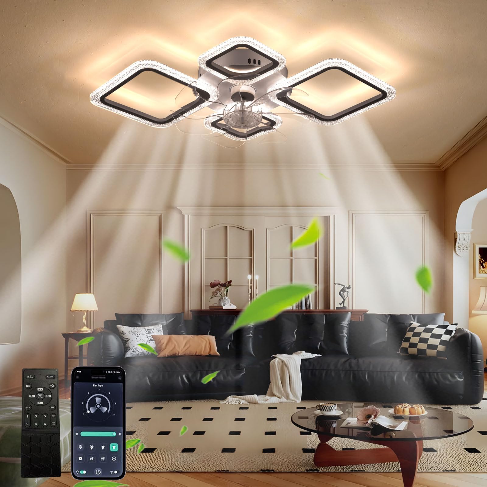 HXYSXHJUO Living Room Ceiling Fan with Light, Embedded Geometric Design, 6 Speeds and 3000K-6500K, Dimmable, Modern Bedroom Reversible DC Motor, Remote Control
