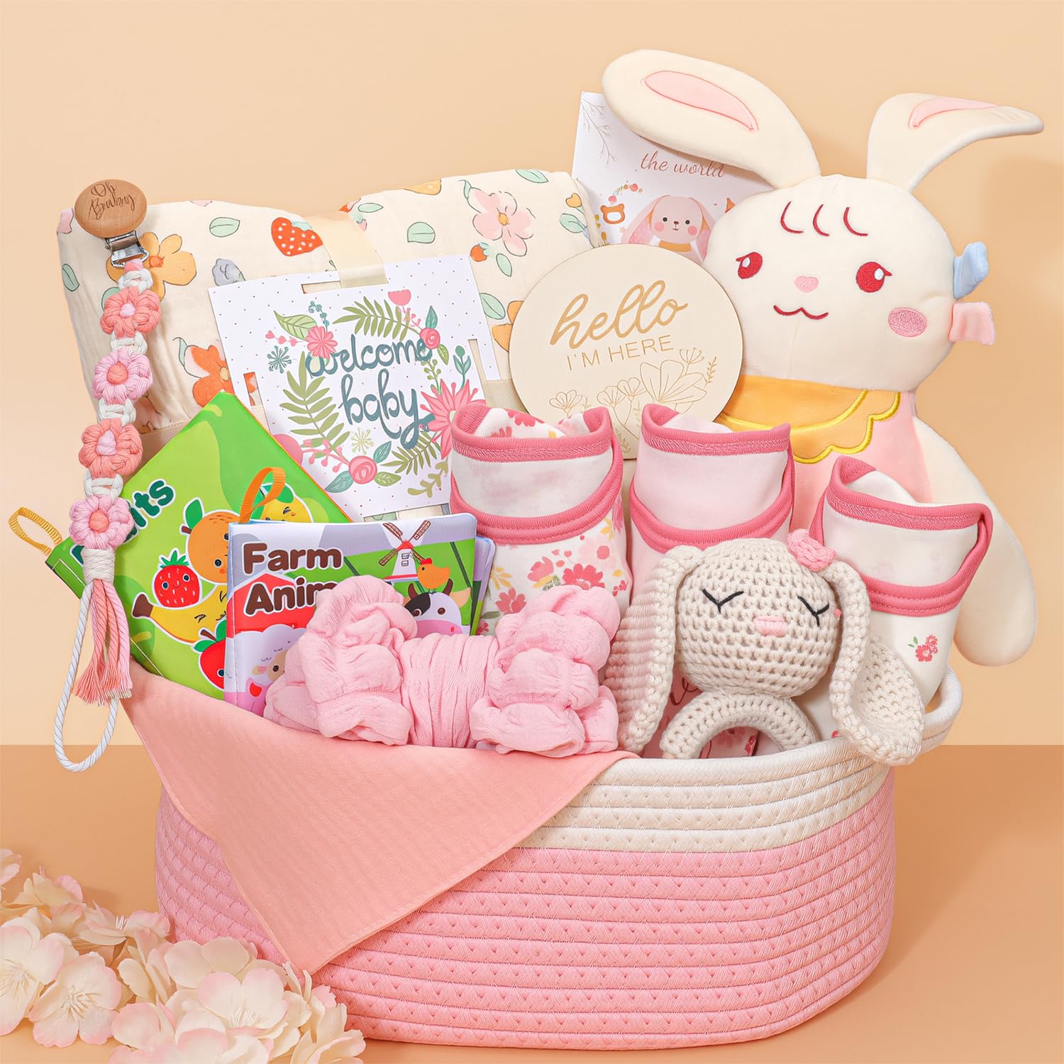 Baby Girl Gifts,Baby Shower Gift Baskets for Girls,Gender Reveal Gifts,Unique Baby Girl Newborn Essentials with Blanket Rattle Toys