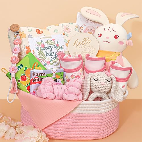 Regalos para niña, cestas de regalo para baby shower para niñas, regalos de revelación de género, artículos esenciales únicos para bebé niña recién