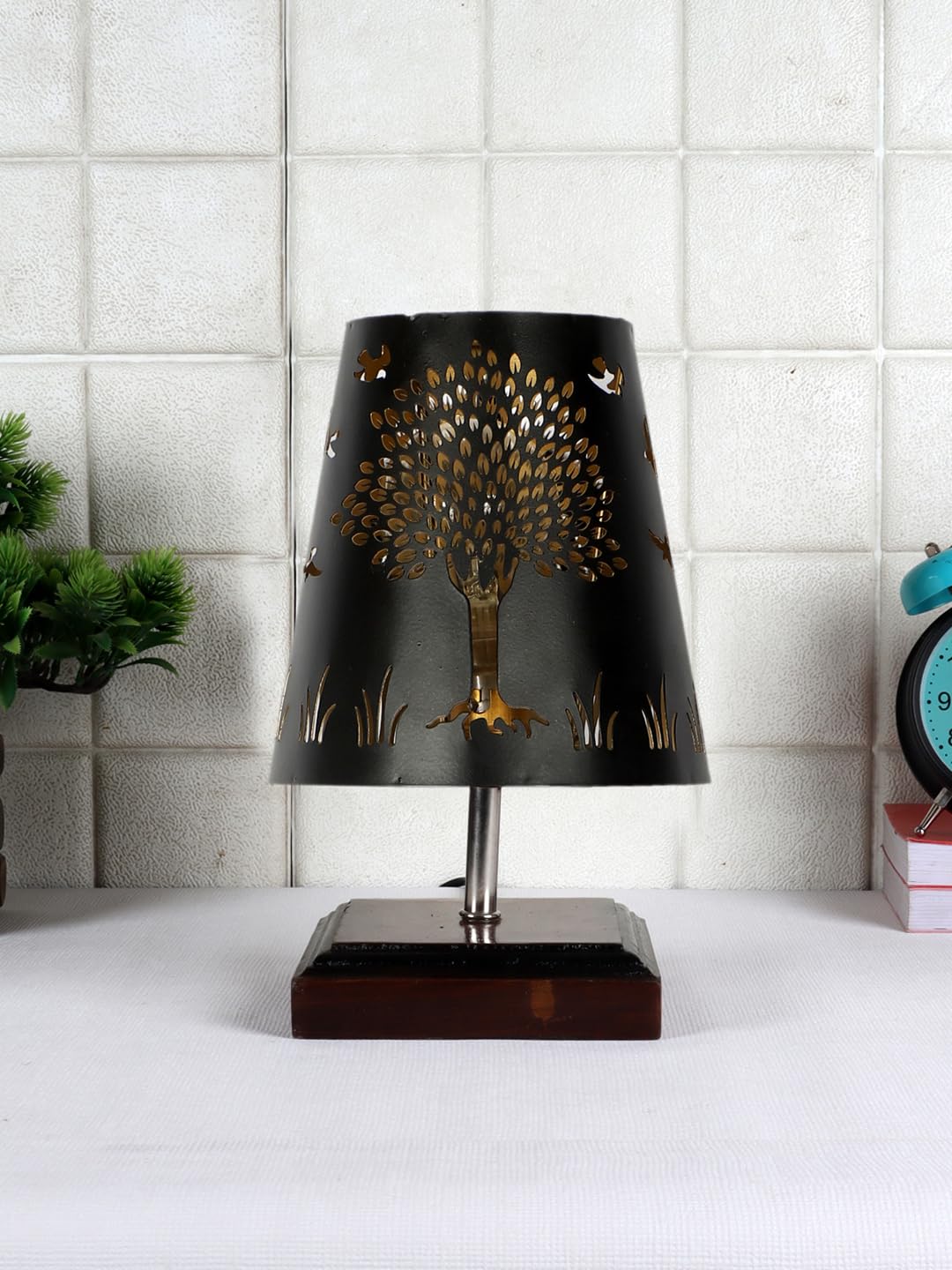 AMDHOME Tree Metal Etching Table Lamp with Brown Wood Square Base (5.5x5.5x8.2) Inches-POKK