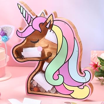Tioncy Unicorn Piggy Bank for Girls Kids, Wooden 12.2 Inch Letter Piggy Bank for Coin Money Birthday Christmas and Home Office, with Screwdriver