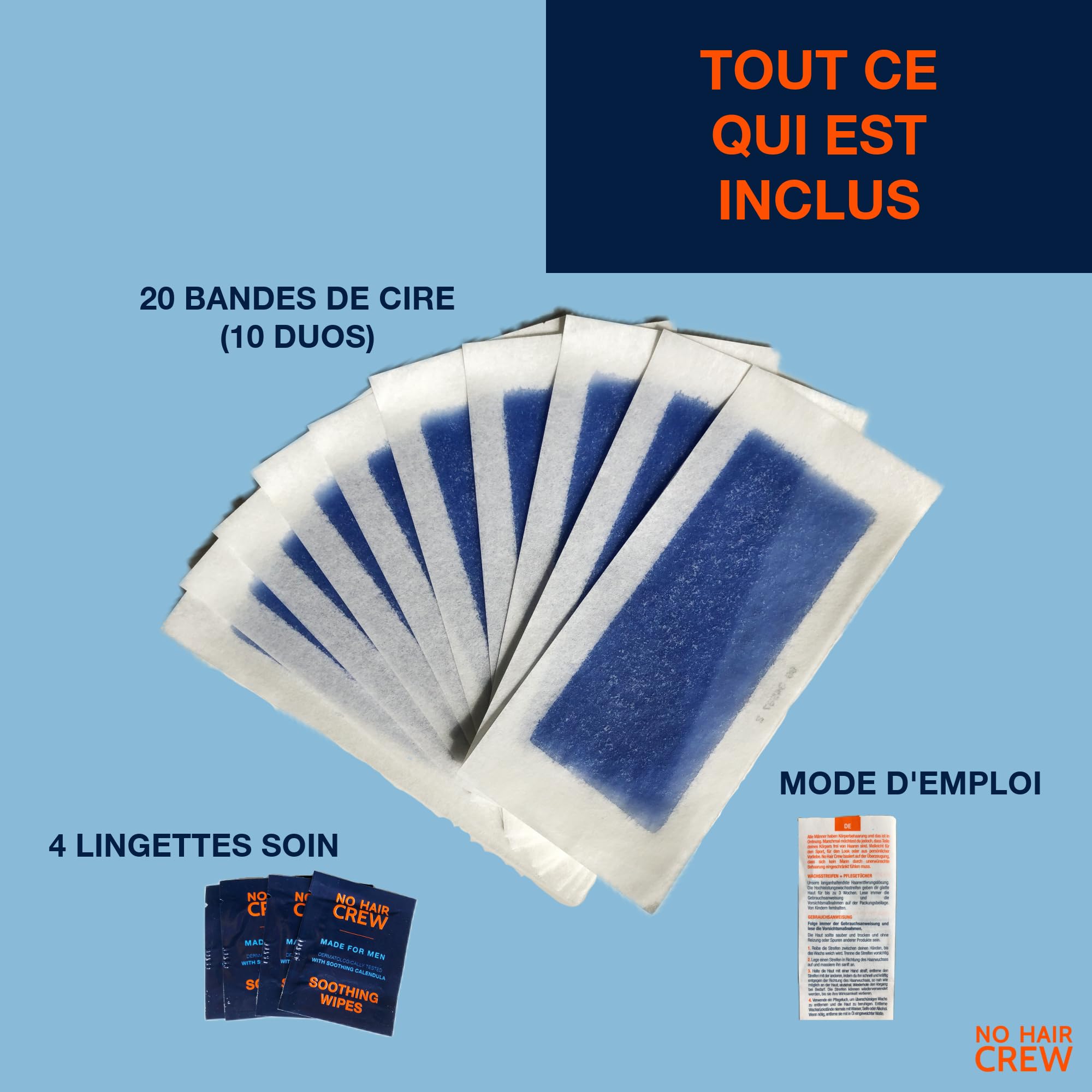 NO HAIR CREW 6x20 Bandes d’Épilation Homme - Jusqu’à 3 Semaines Sans Poils | Pour poitrine, dos, bras et jambes. Retire les poils à la racine pour une peau lisse durable et une repousse plus douce.