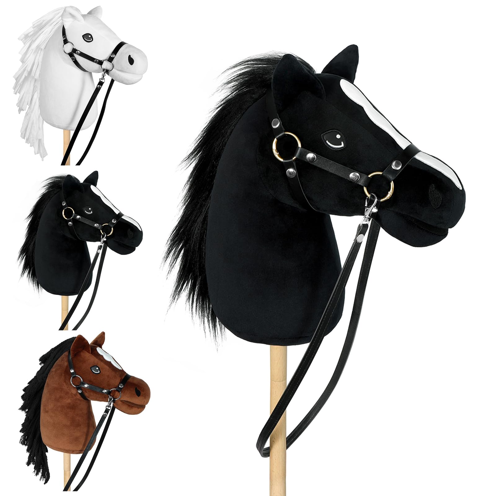Hobby Horse - Koń na Kiju z Kantar i Ogłowiem (Czarny) | Duży Koń na Kiju dla Dzieci z Przykręcaną Tyczką 40 cm, Hobby Horse do Hobby Horsingu, do Zabaw w Odgrywanie Ról i Jazdy