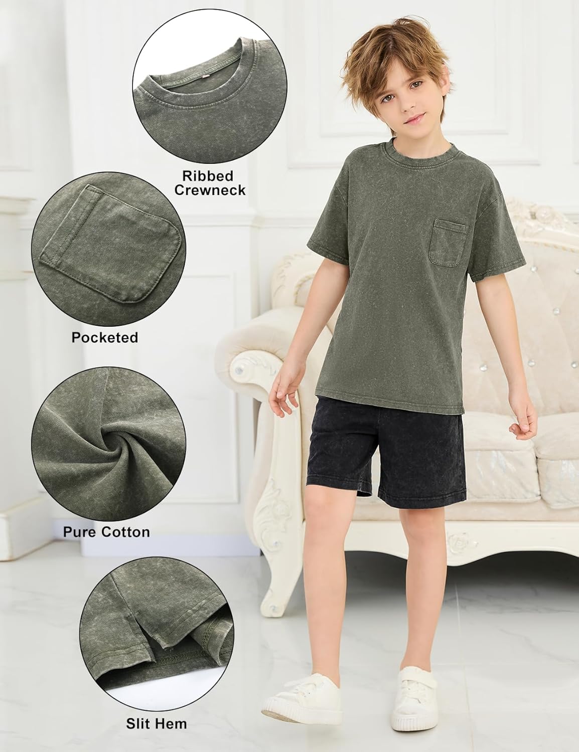 3 Pack Boys Girls Shirts Short Sleeve Acid Washed Cotton T-Shirts Kids Tshirts Summer Tops Tees 5-14 Years - Image 7