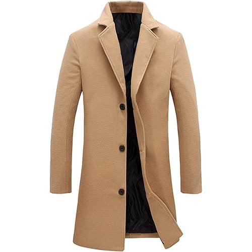 Tanming Mens Black Trench Coat Notched Lapel Single Breasted Long Peacoat Overcoat