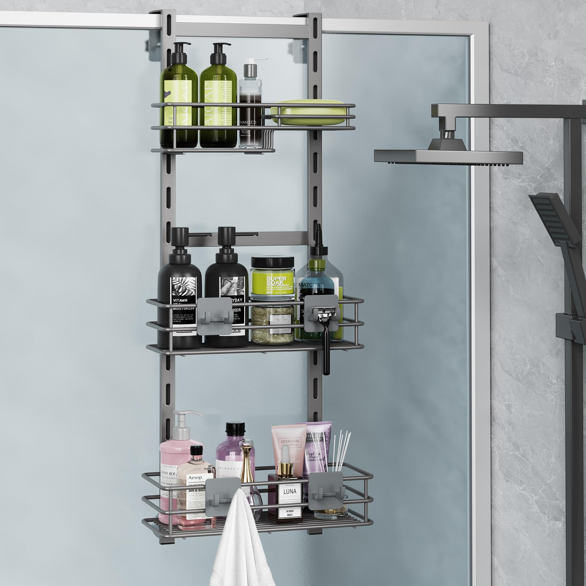 Orimade Mensola portaoggetti da appendere sopra la porta della doccia, regolabile, 3 ripiani, grigio scuro, da appendere al bagno, antiruggine, con 4 ganci, cestino per doccia con portasapone e