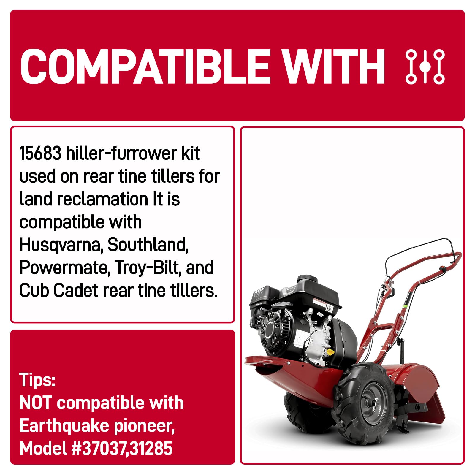 15683 Hiller-Furrower Kit para cultivadores de dientes traseros, compatible con timbres de dientes traseros terremotos, alas extraíbles y ajustables y múltiples métodos de conexión para todo tipo de