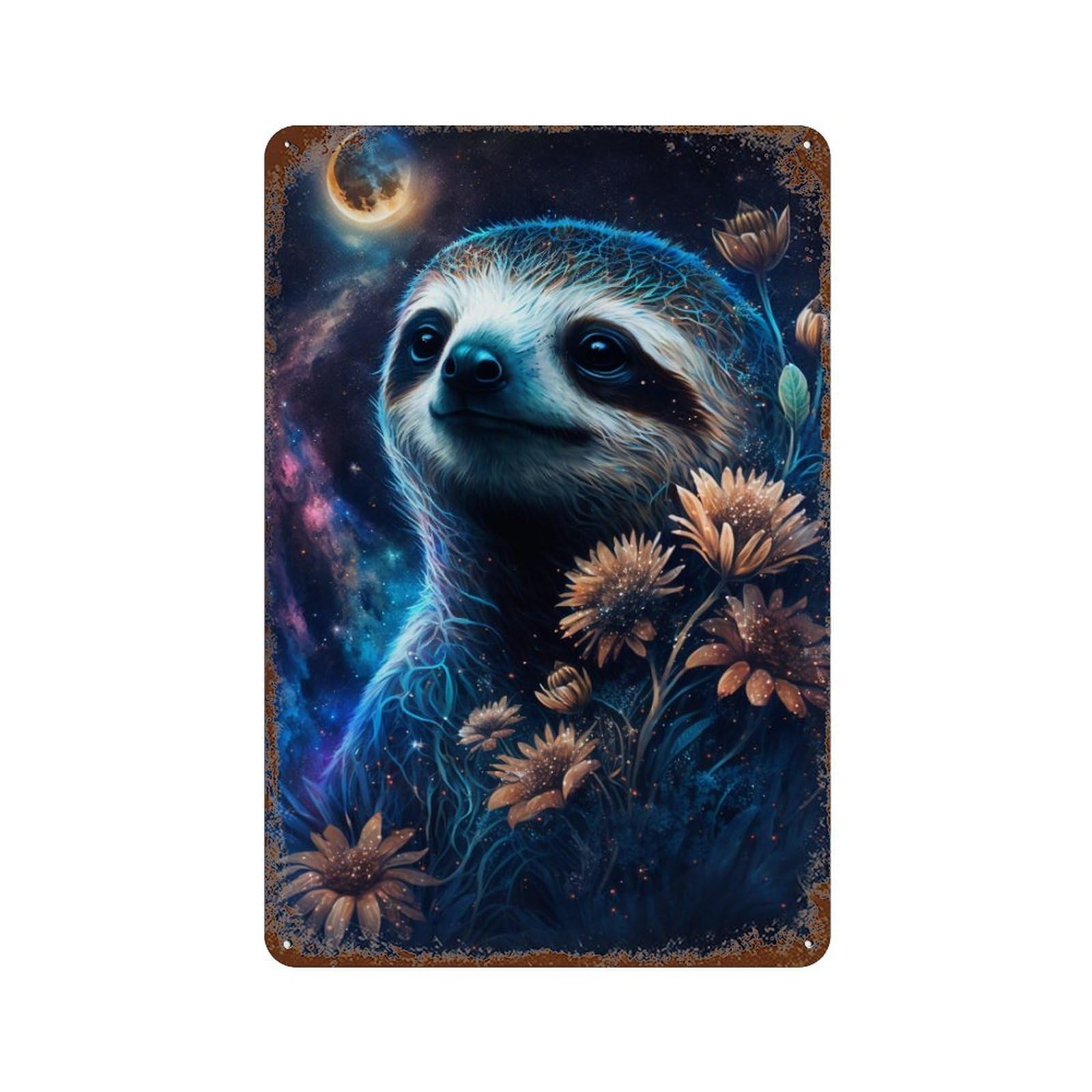 Galactic Sloth with Flowers -1 Rusty Metal Tin Sign 11.8"x7.9", for Pub, Kitchen And Man Cave Decor, Novelty Wall Decor
