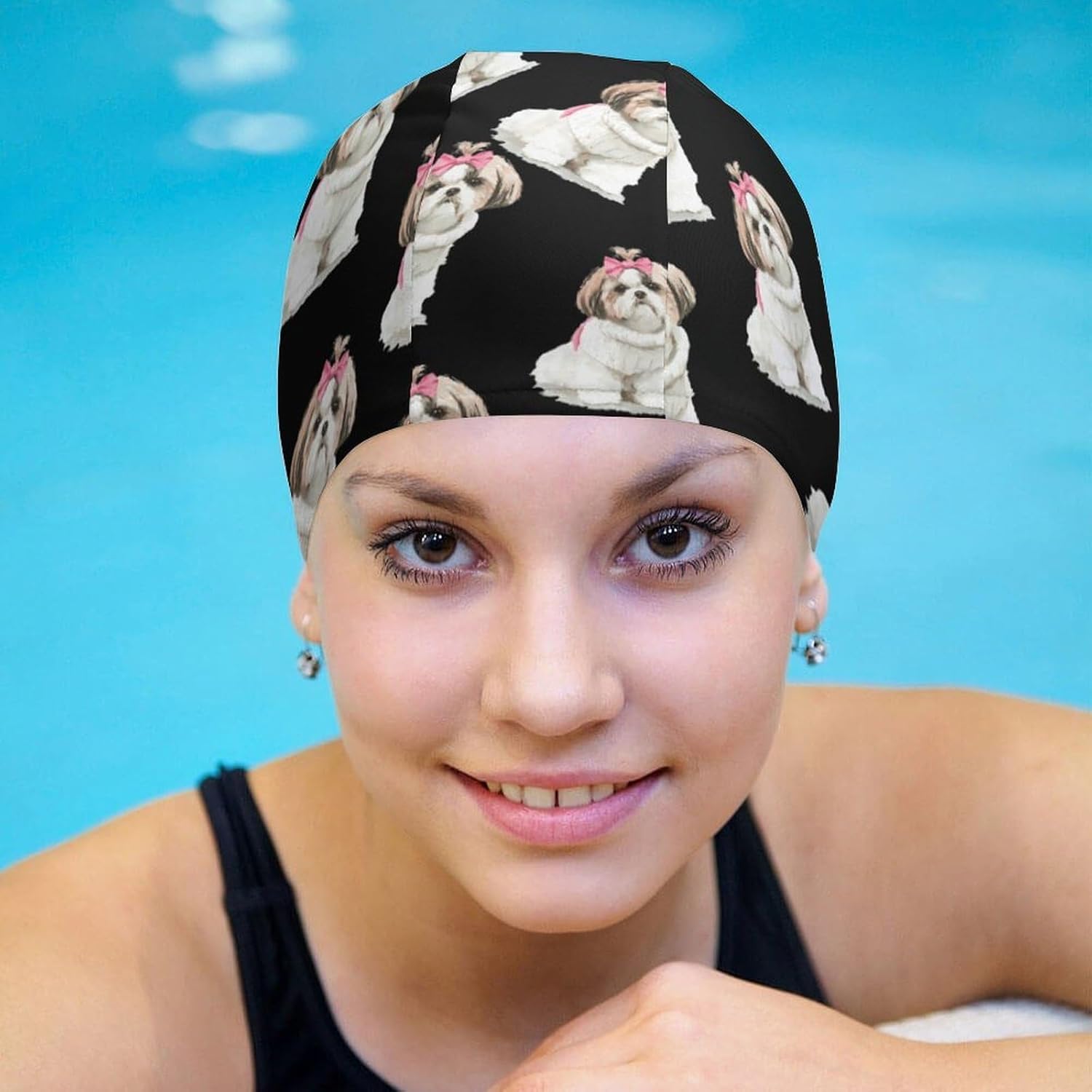 Cartoon Shih Tzu Dog Womens Swim Cap for Men Adult Swimming Hat Curly Short Medium Long Hair
