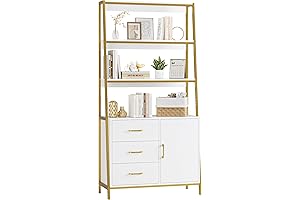 HITHOS 4-Tier Ladder Bookshelf with Drawers in White Gold