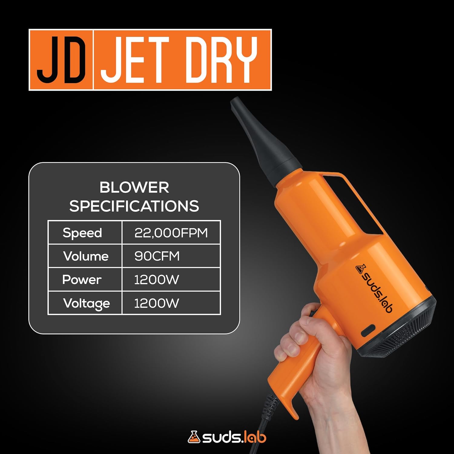 Suds Lab JD Jet Dry Car Drying Blower with 2 Nozzles & 20 ft Power Cord – 1.5 HP Powerful & Compact Car Dryer Air Blower for Removing Water, Dust & Debris