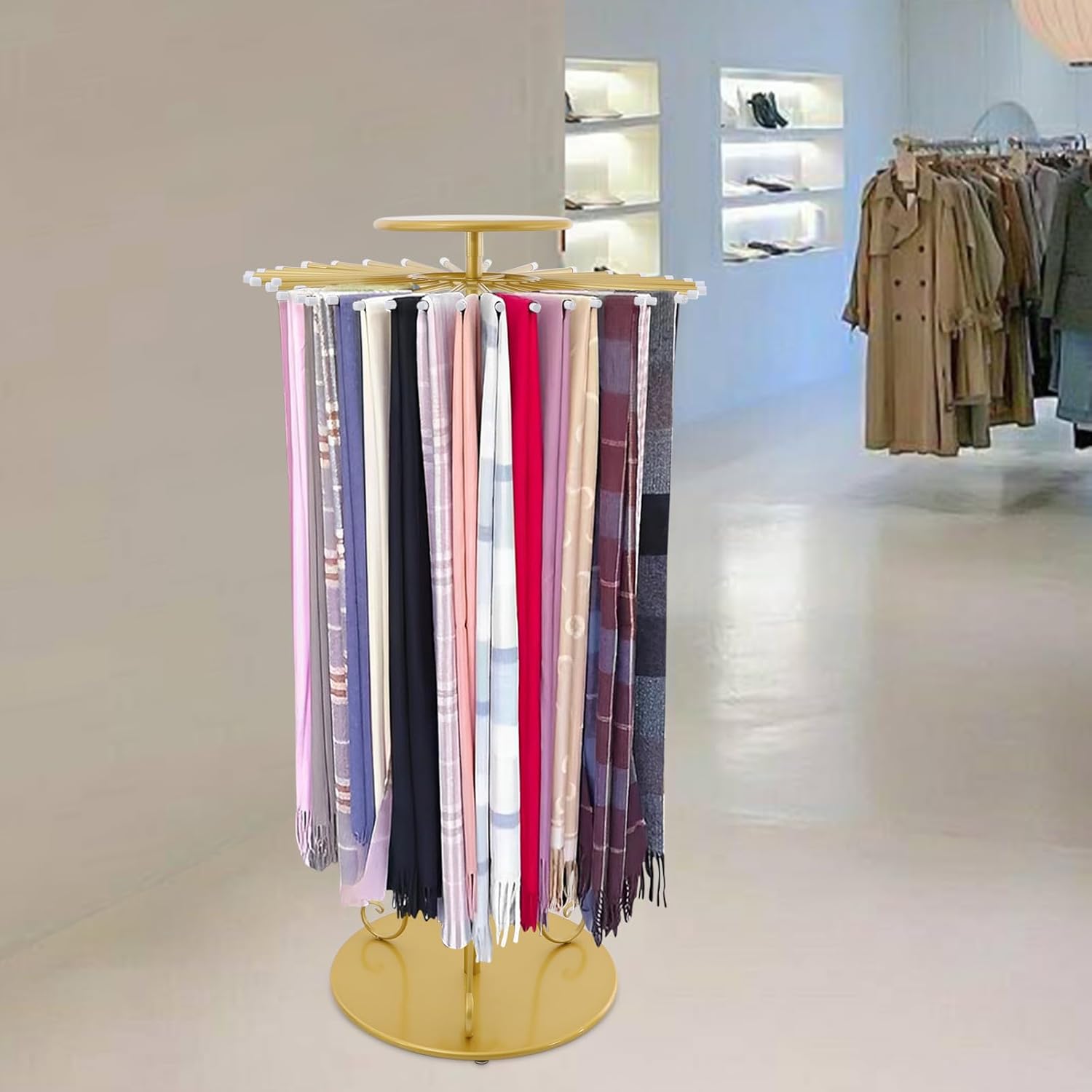 Golden Freestanding Scarf Tie Display Rack, 360° Rotation Height Adjustable Retail Scarf Display Stand Belt Hanger Scarf Holder Shawls Organizer, 30 Rods, for Boutique Clothing Store Home