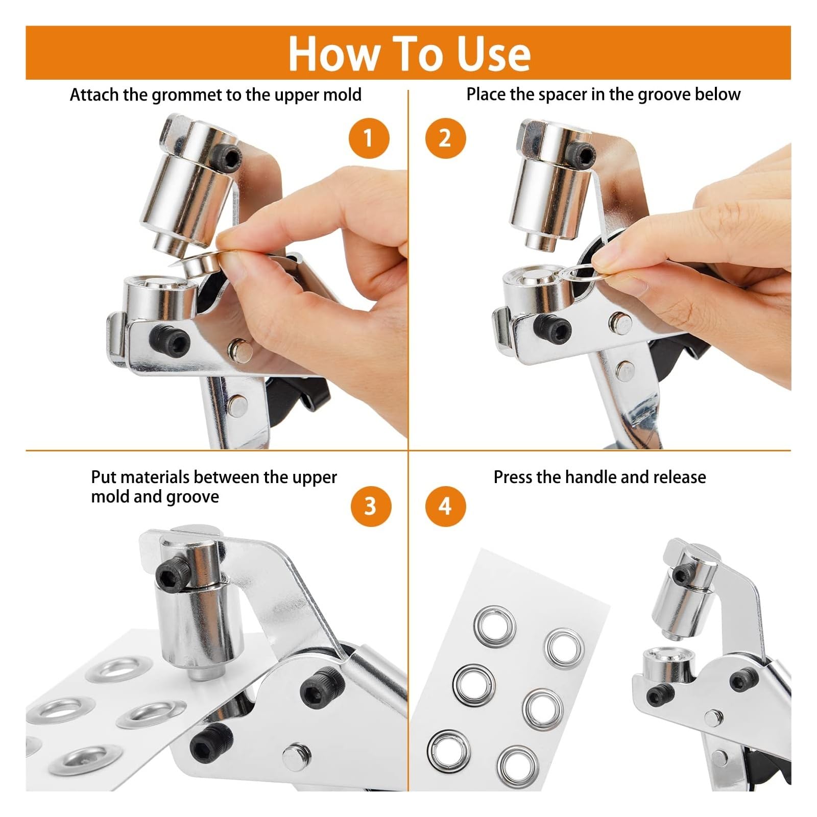 Kit de alicates de ojales de 6 mm y 10 mm, herramienta de anillo y ojal de metal con perforador, para cuero, lona, ropa y bricolaje, cierre de mano portátil (500 ojales de 10 mm)