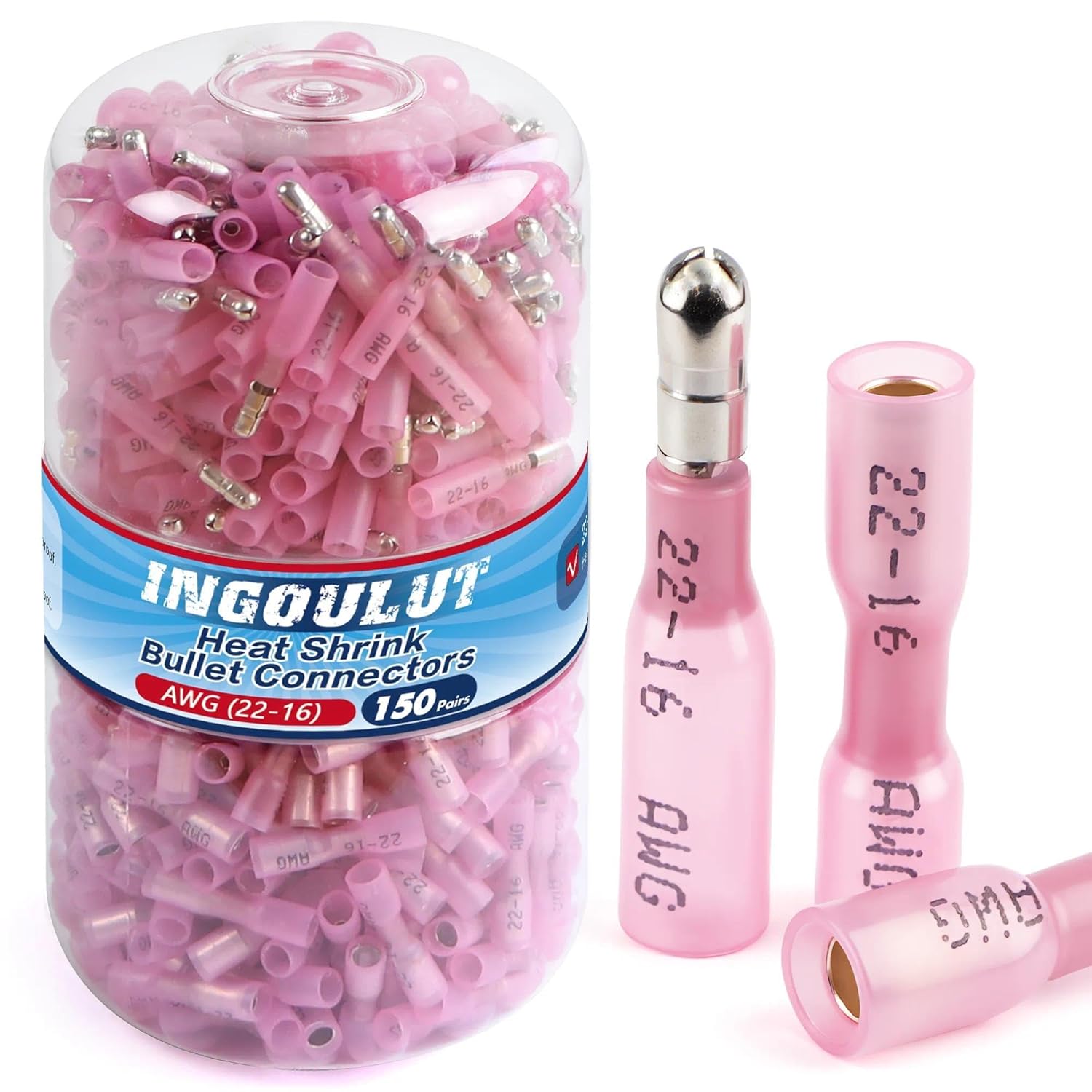 300PCS Heat Shrink Bullet Connectors AWG 22-16 Red Waterproof Quick Disconnect Electrical Insulated Male&Female Wire Terminals Kit for Marine Automotive Wire Crimp Connectors