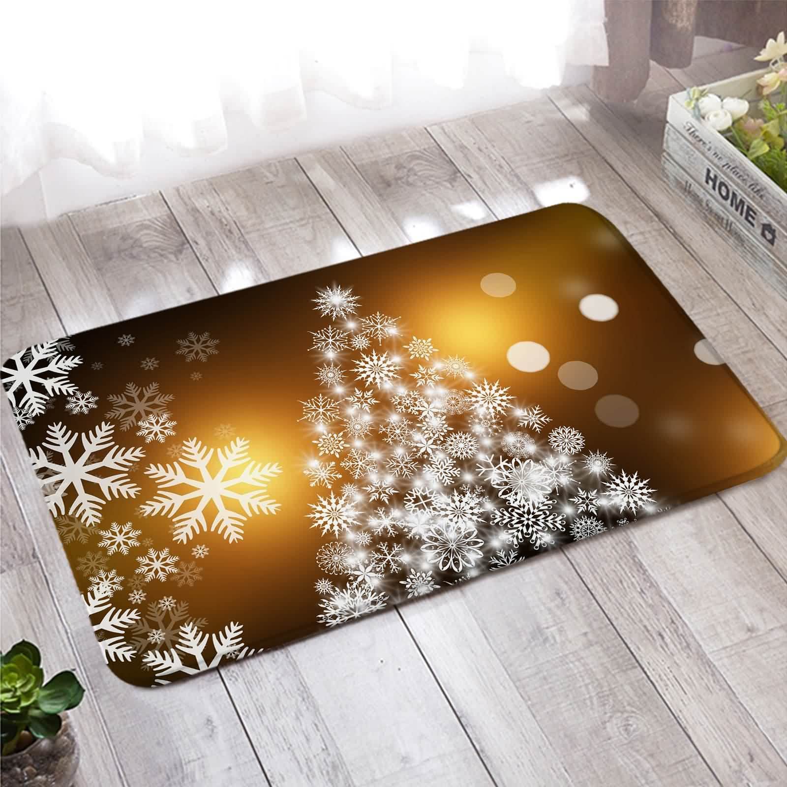 Aeici Small Kitchen Rug, 50X80cm Kitchen Rug White Gold Snowflake Christmas Tree Flannel Carpet Floor Mat