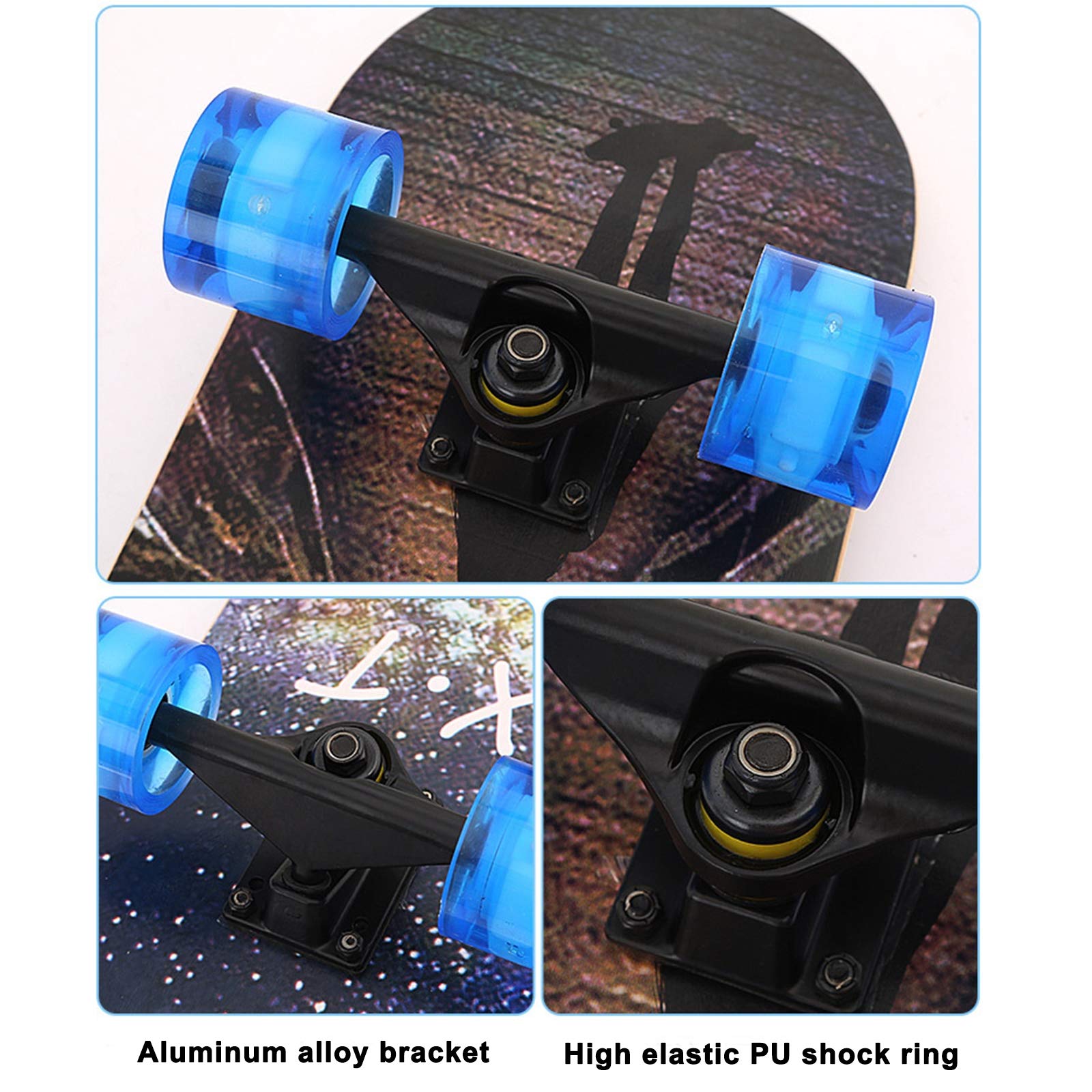 Skateboard Planche à roulettes 31 x 8 Pouces 7 Couches Longboards en Bois D'érable avec Roues Lumineuses à LED, Skateboard Cruiser Complète Professionnelle pour Adolescents Adultes Enfants