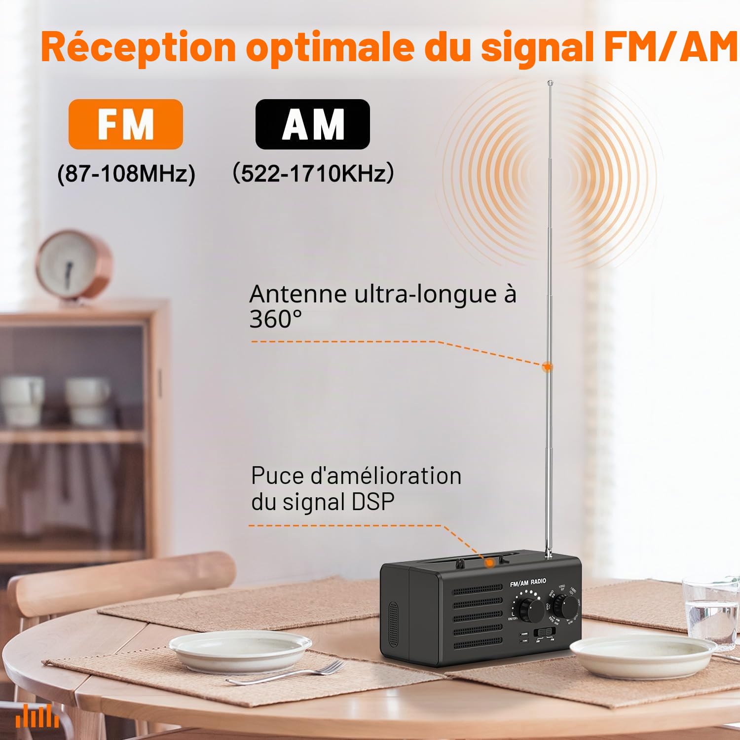 Radio Portable AM/FM avec Excellente Réception, Haut-Parleur Intégré, Prise Casque et USB. Alimentée par Piles, Idéale pour la Maison, L'extérieur et Les urgences.（Noir）