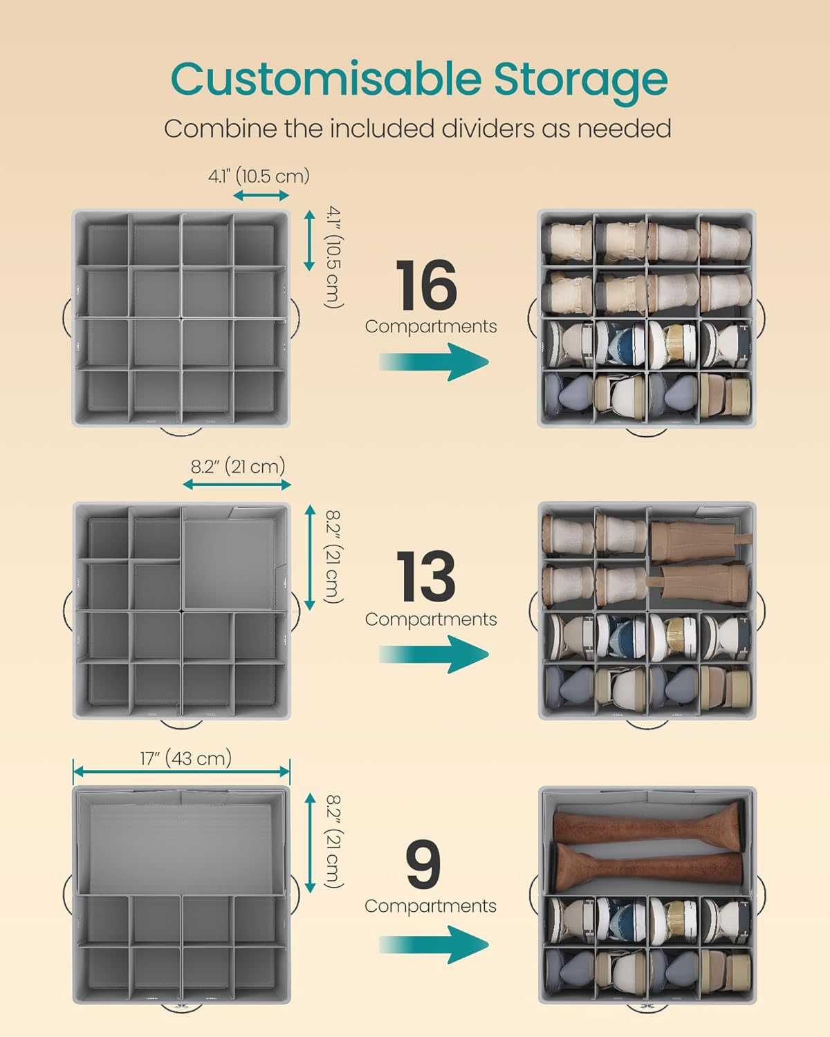 SONGMICS Shoe Organizer for Closet, Fabric Shoe Organizer Box with Adjustable Dividers, Storage Compartments, Stackable, Transparent Lid, for up to 16 Pairs, Set of 2, Dove Gray ULSP622GD01