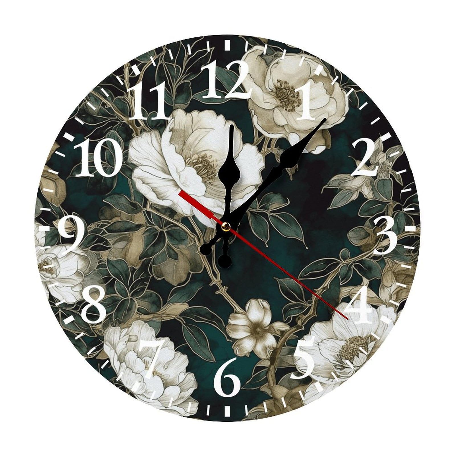 QMNLKH White Flowers Wall Clock for Home, Battery Operated Clock for Hotel, Round Wall Clock with Arabic Numerals White, Easy to Read, Non-Ticking Clocks for Living Room 25 * 25cm