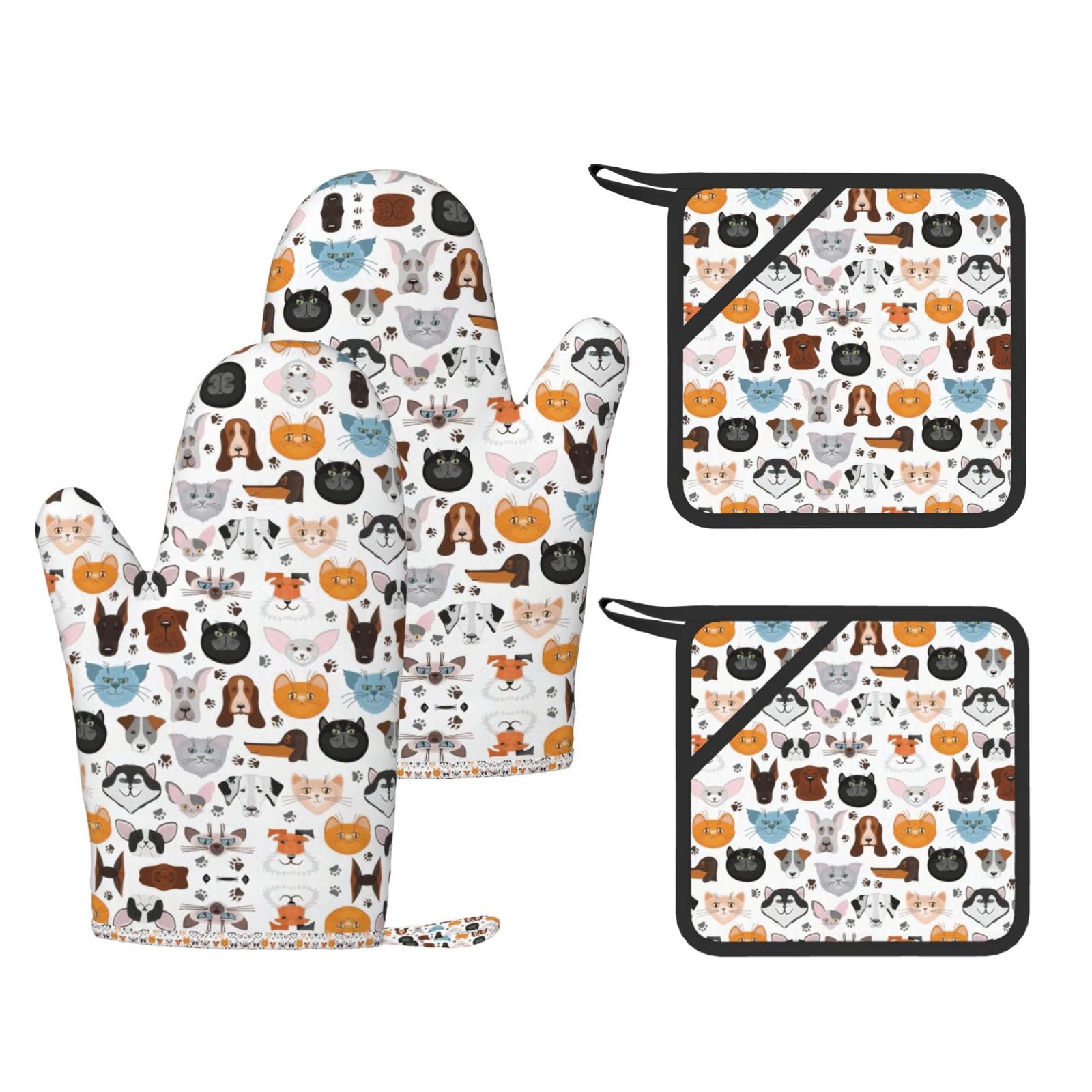 Cat and Dog Faces Bulldog Beagle Labrador Printed Oven Gloves and Hot Pads Set of 4, High Heat Resistant Silicone Mitts for Cooking BBQ