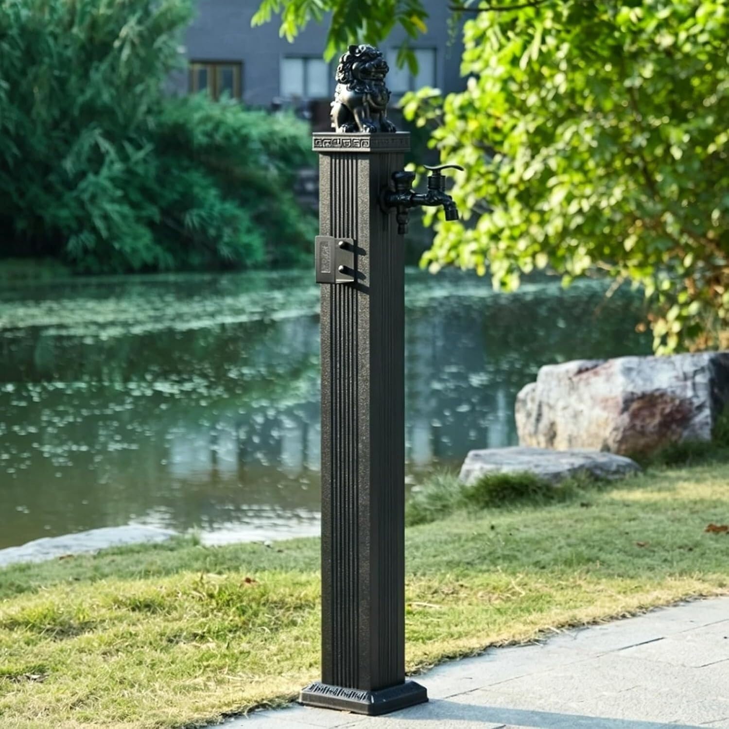Kanduo Schwarz Aluminum Alloy Vertical Square Garden Water Column，Embossed Design Freestanding Tap With Hook(,110Cm/43In)